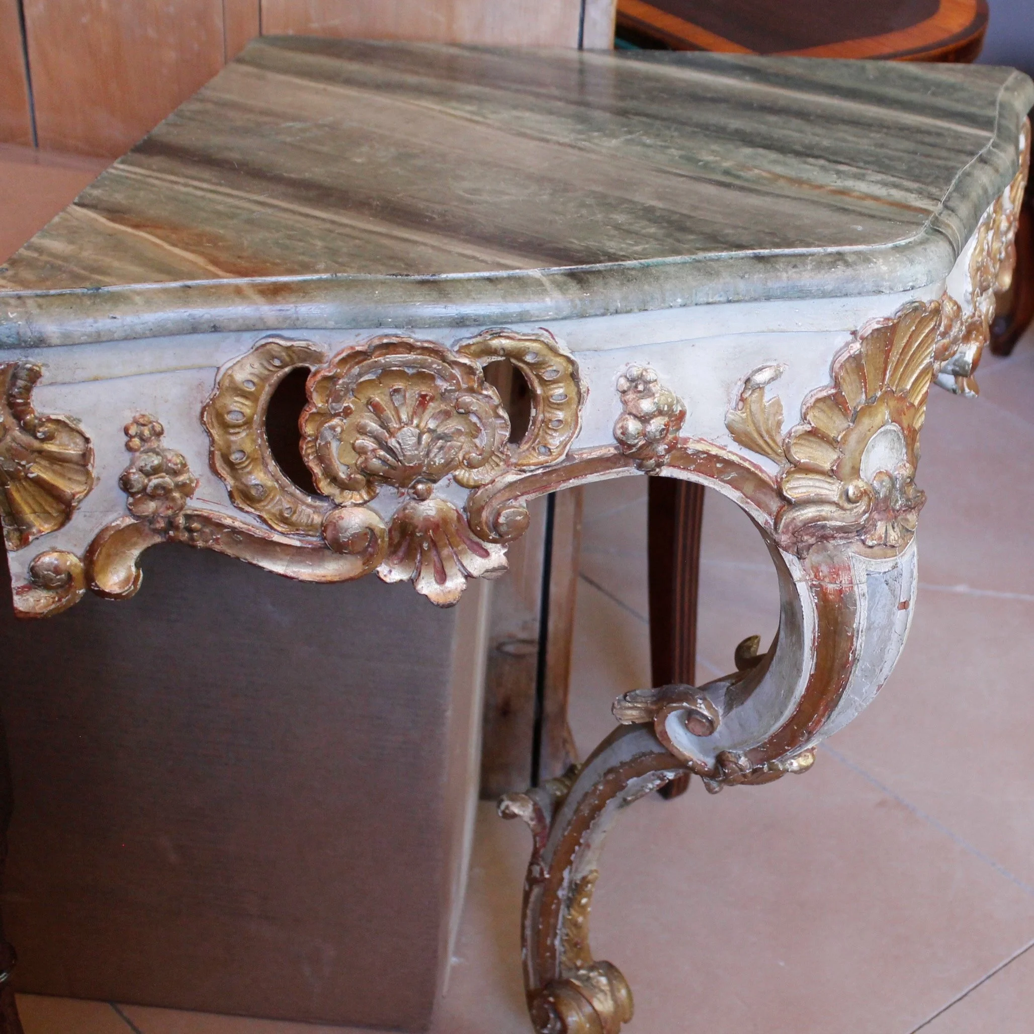 Italian-Rococo-Carved-Corner-Console-Table with Faux Marble Top-side