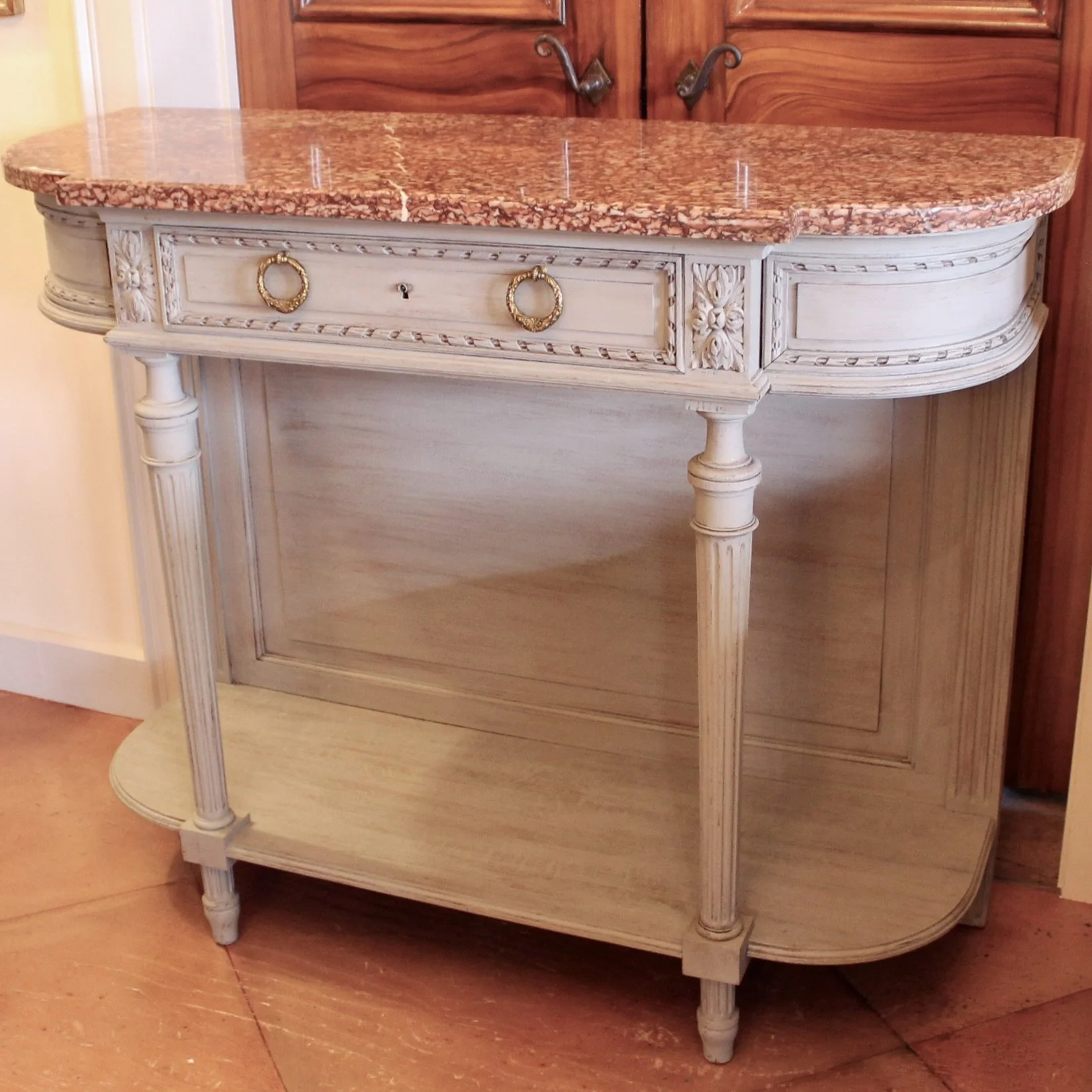 Grey Painted Louis XVI Style Console Table with Marble Top