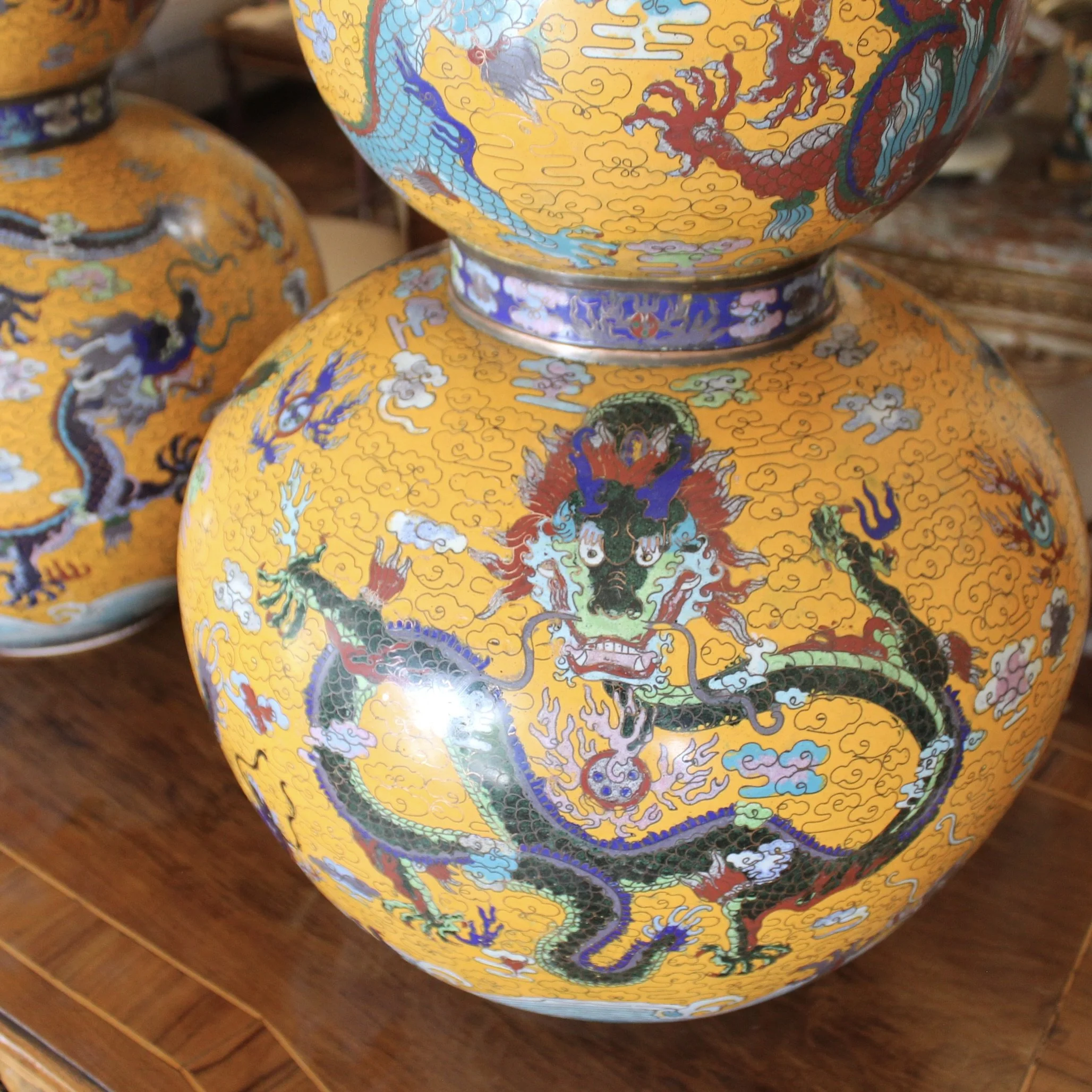 Pair of Yellow Chinese Cloisonné on Copper Double Gourd Vases