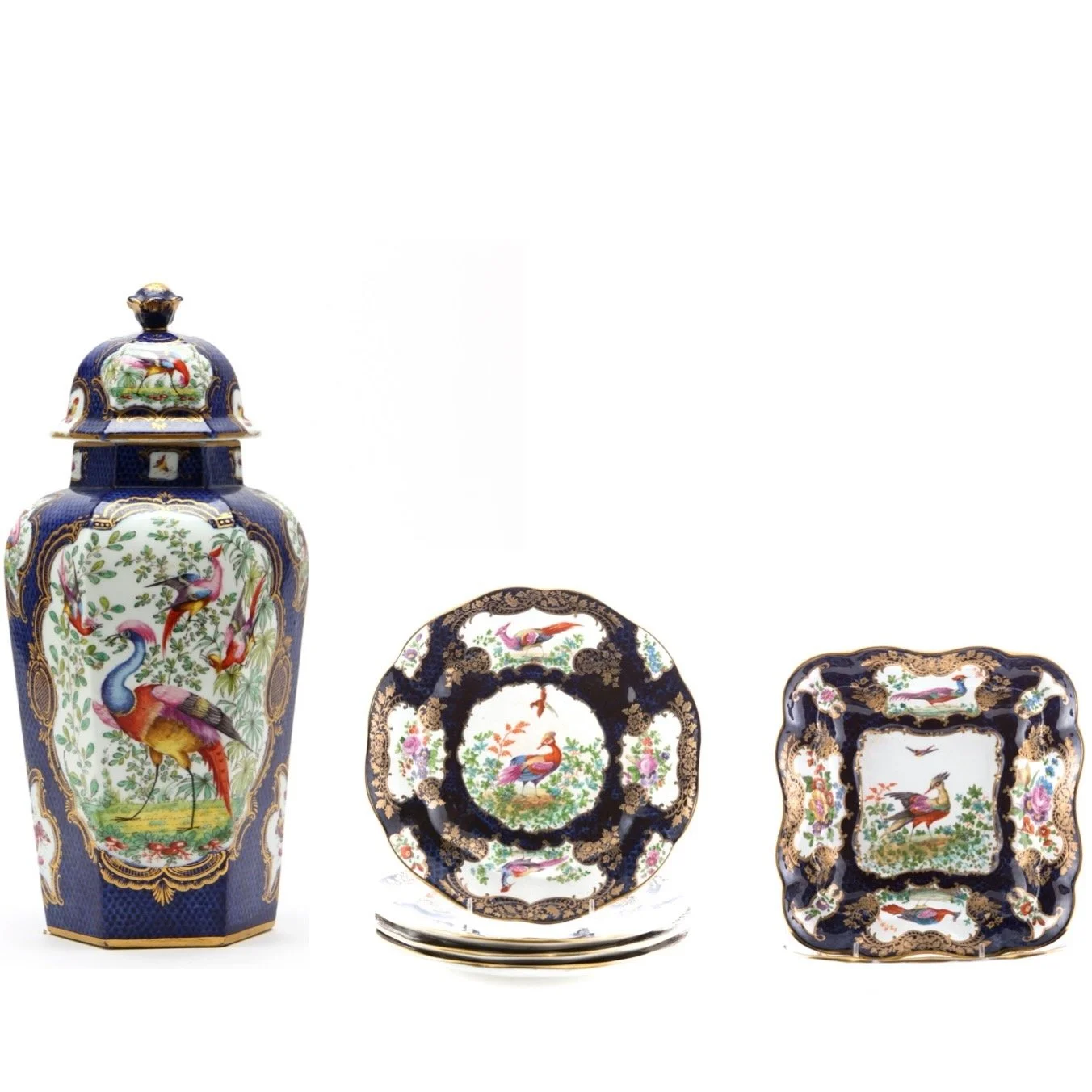antique-Worcester-Chelsea-bird-plates-and-ginger-jar