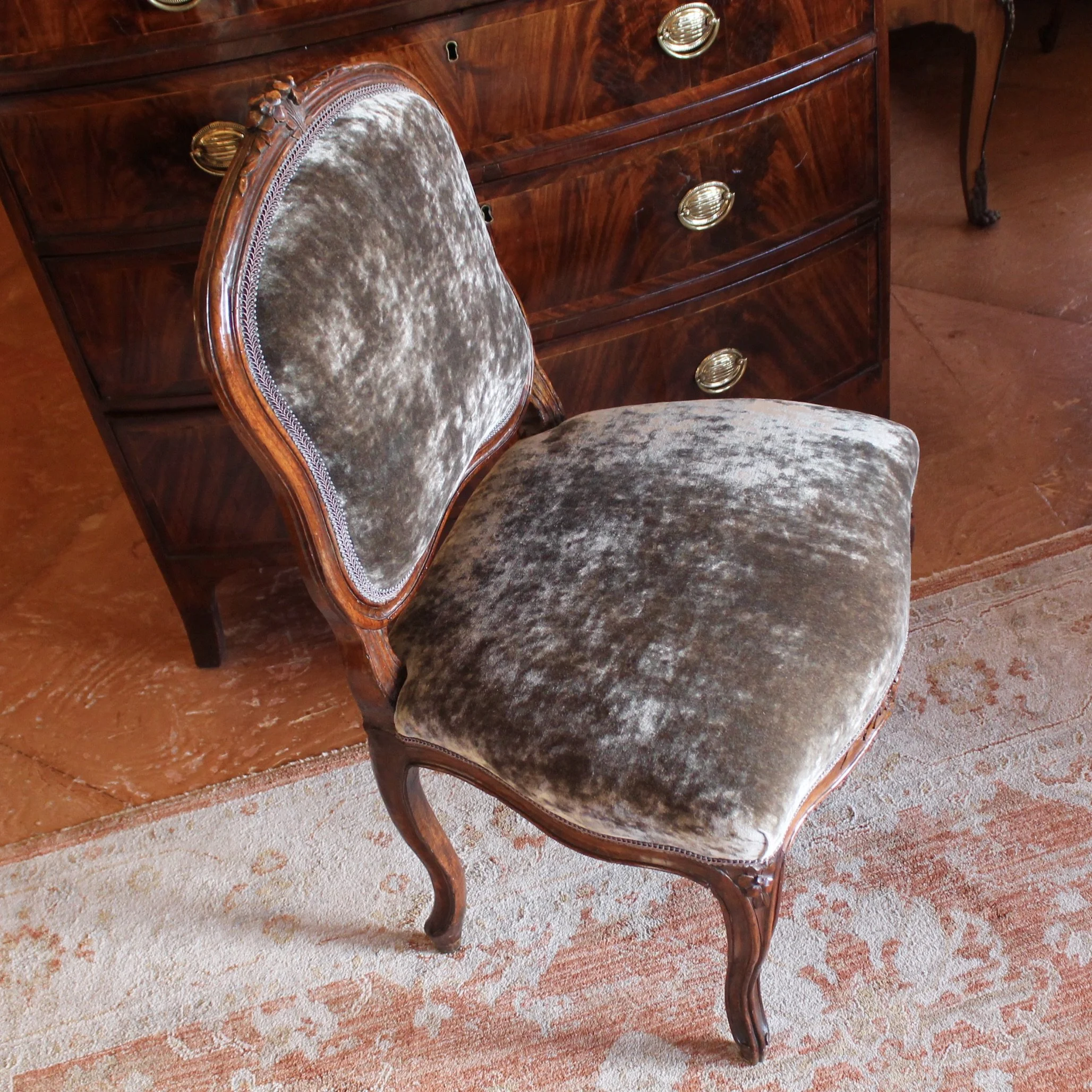 Louis XV Period Slipper Chair, Grey Velvet