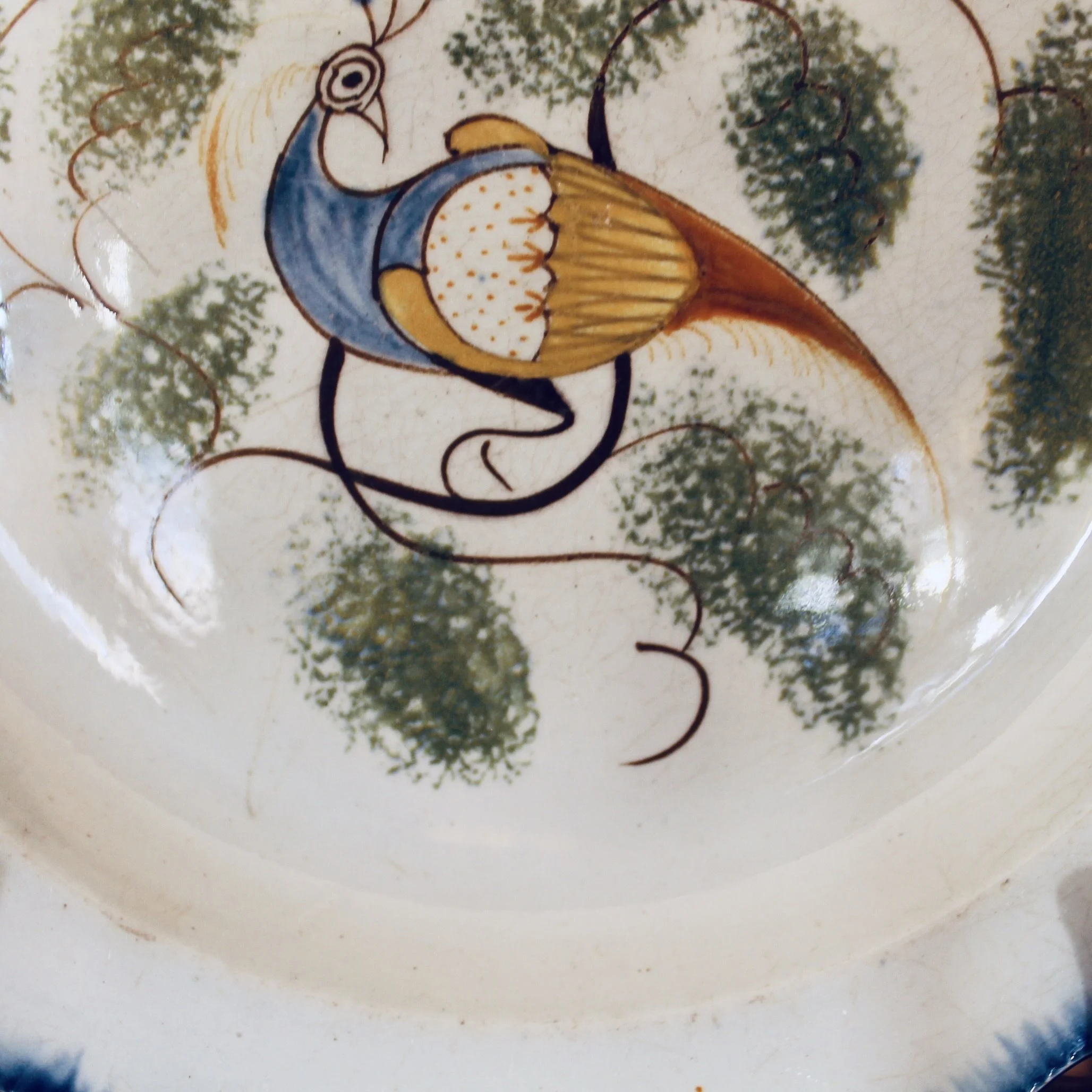 English Delftware Peacock and Spongeware Plate