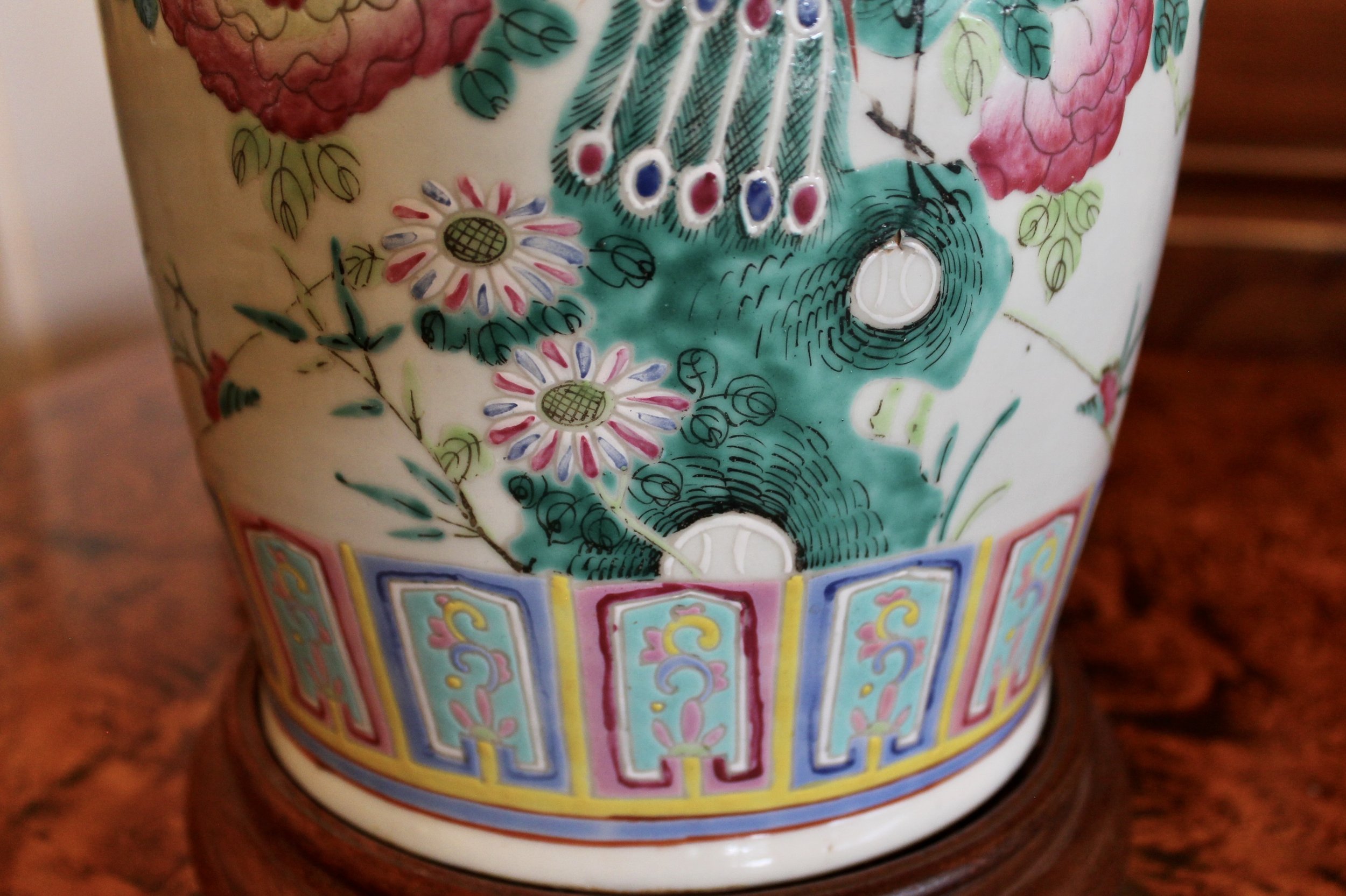 Famille Rose Chinese Porcelain Lamp with Peacocks