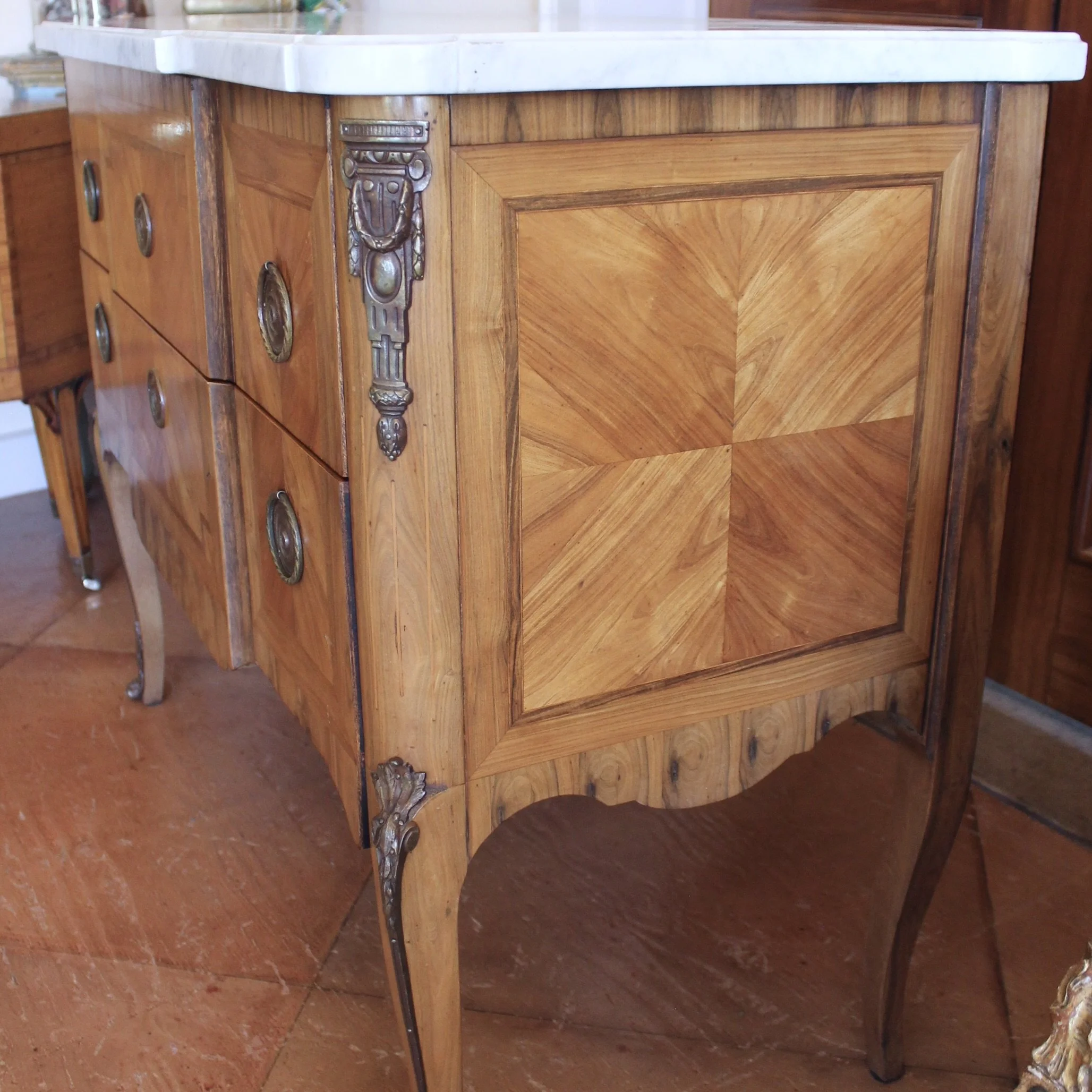 French Transitional Marquetry Commode With Marble Top