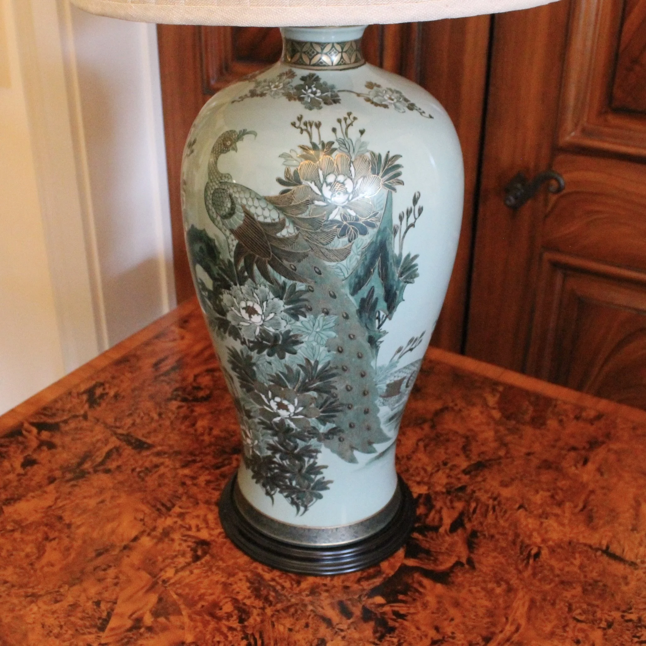 Japanese Satsuma celadon Peacock Lamp