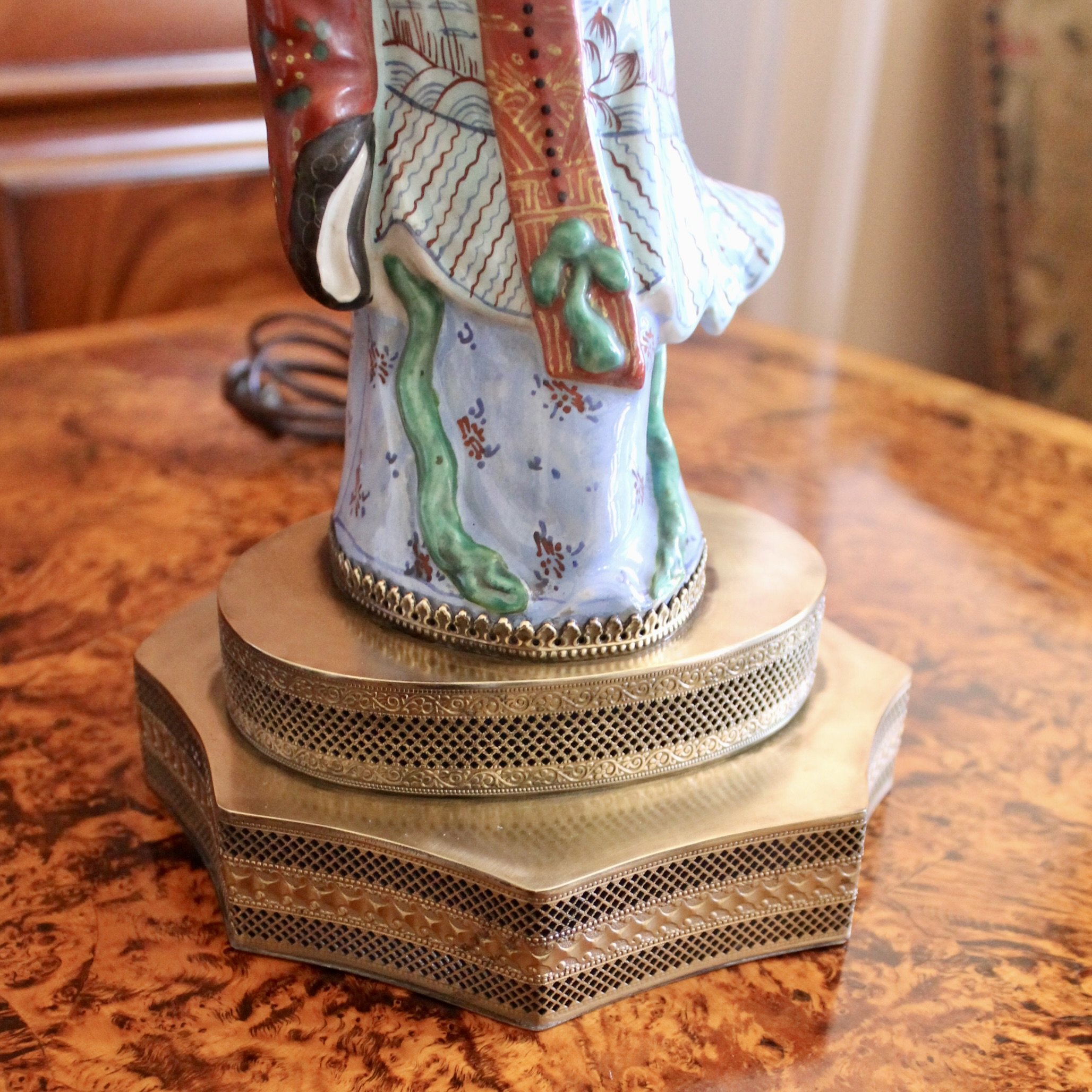 Antique Chinoiserie Porcelain Figure Lamps, Pair