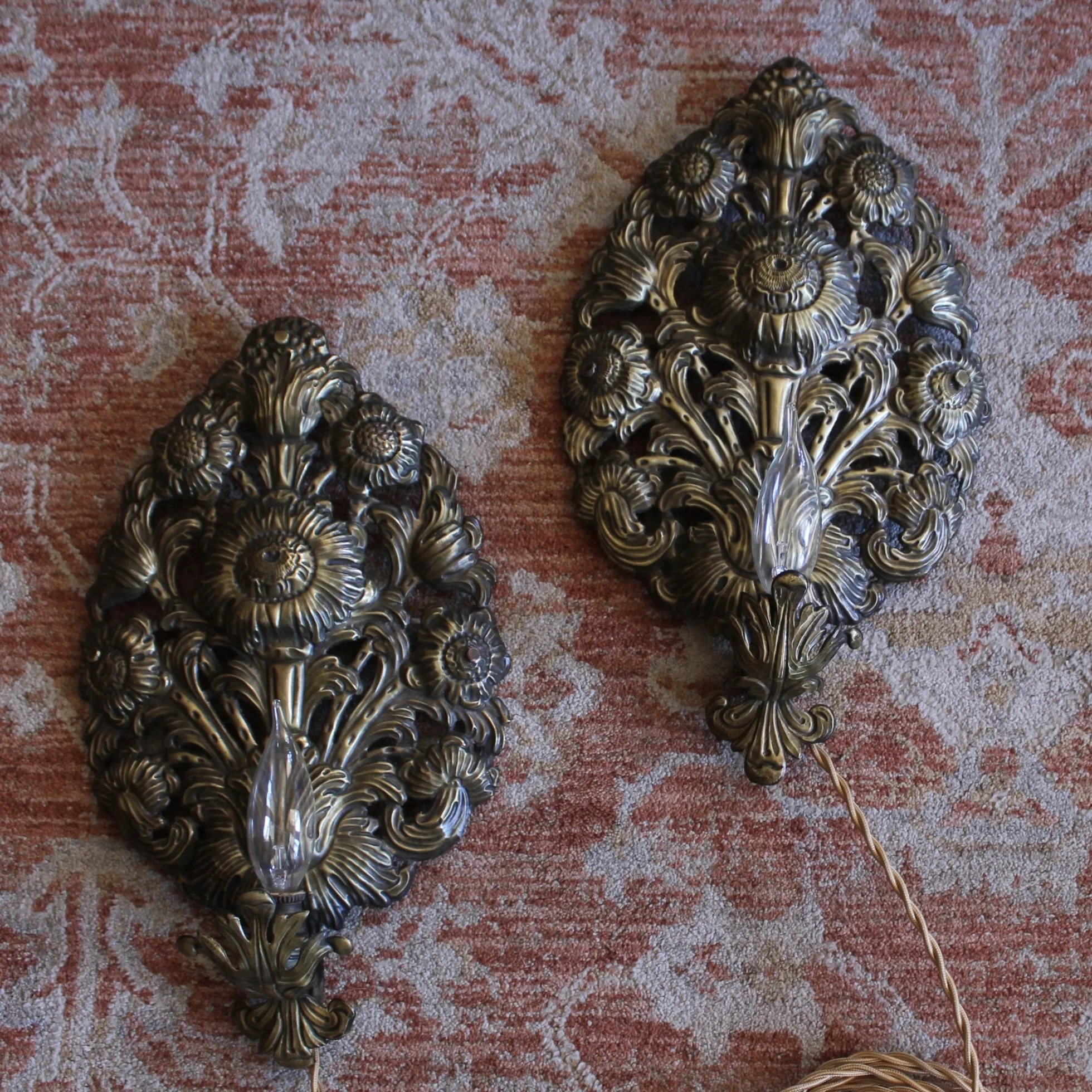 Pair Antique Brass Repoussé Sconces