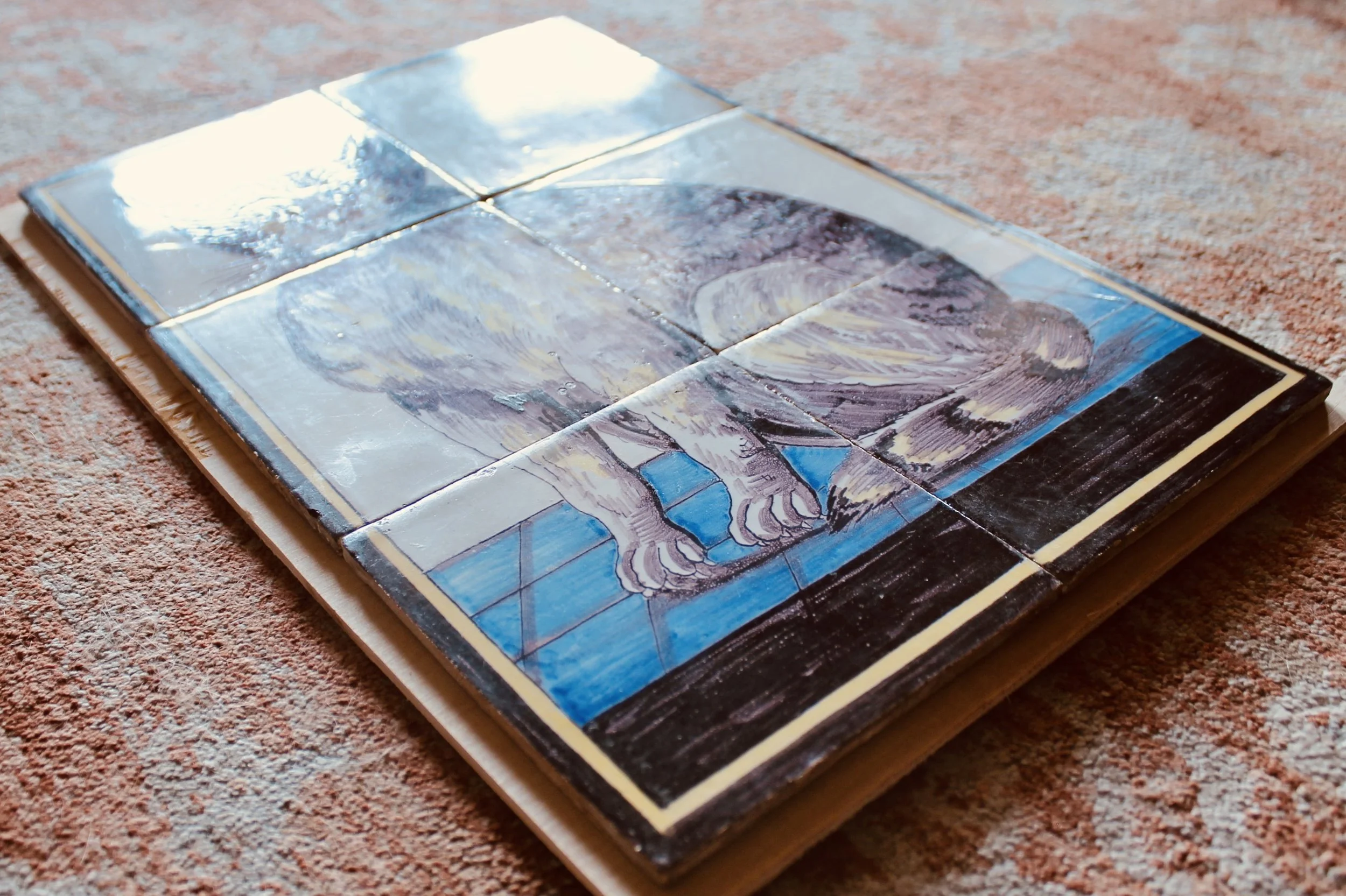 Antique Delftware Tabby Cat Six Tile Panel