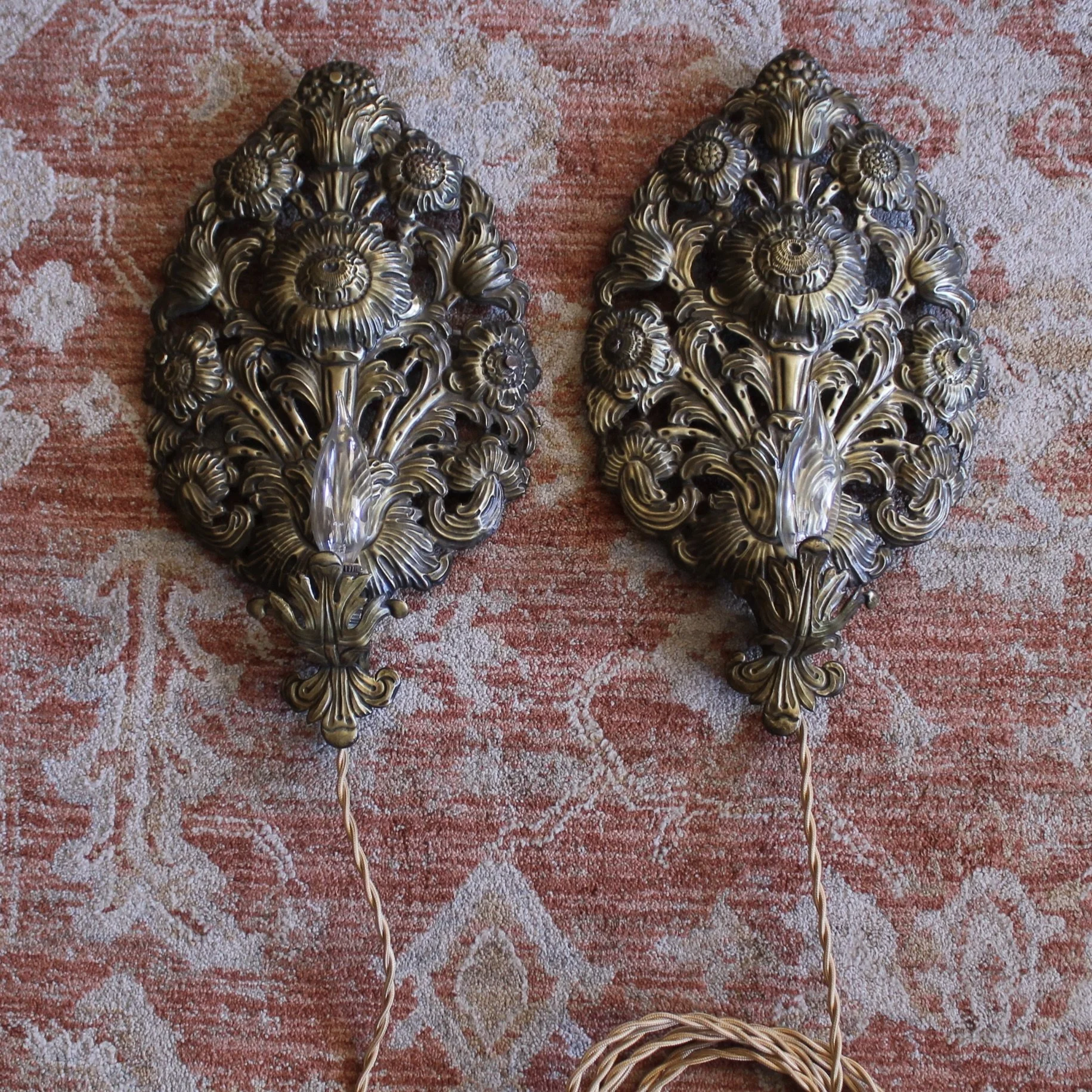 Pair Antique Brass Repoussé Sconces