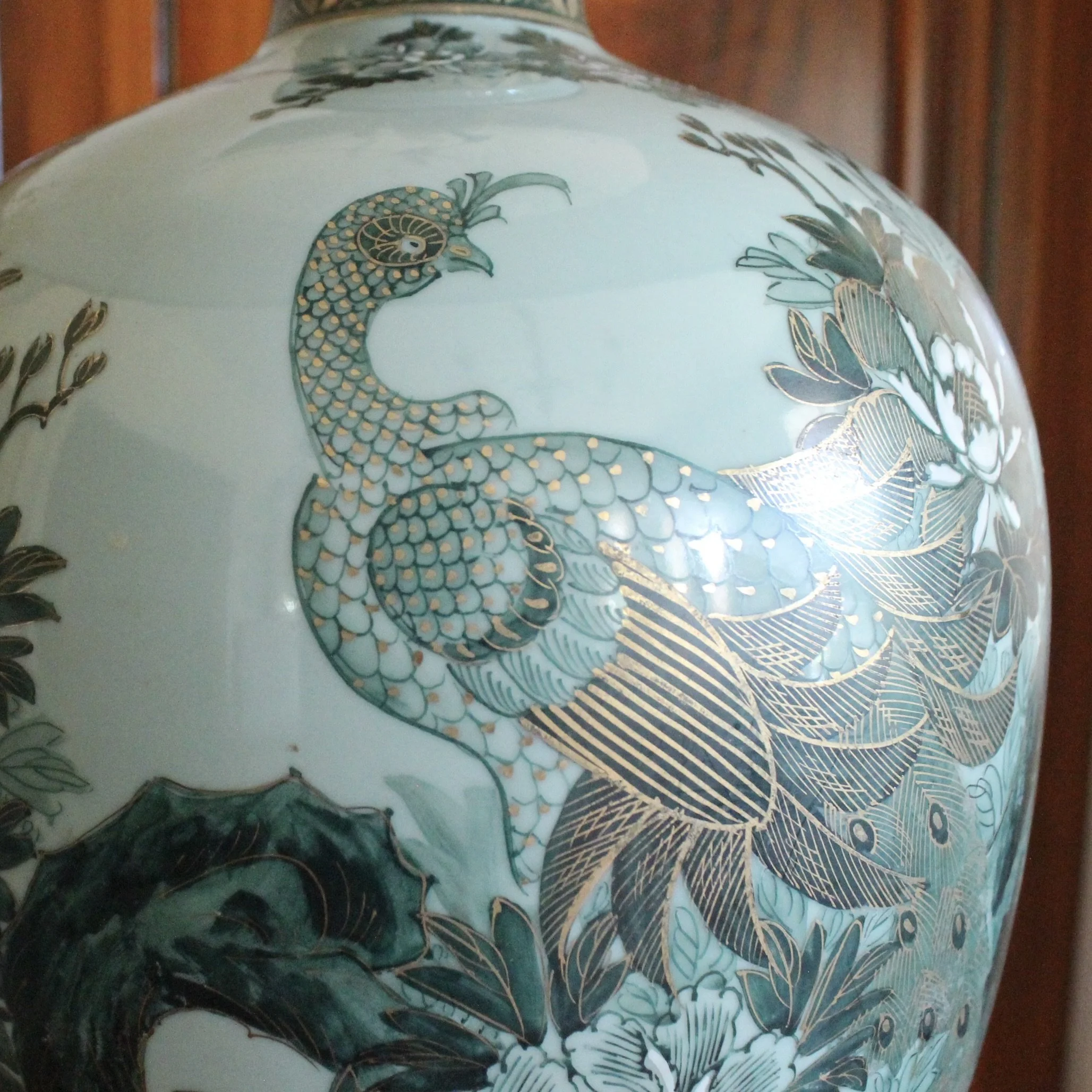 Japanese Satsuma celadon Peacock Lamp
