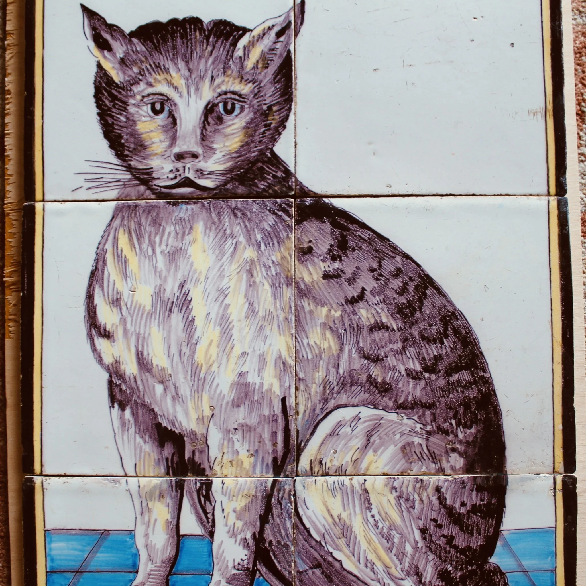 Antique Delftware Tabby Cat Six Tile Panel