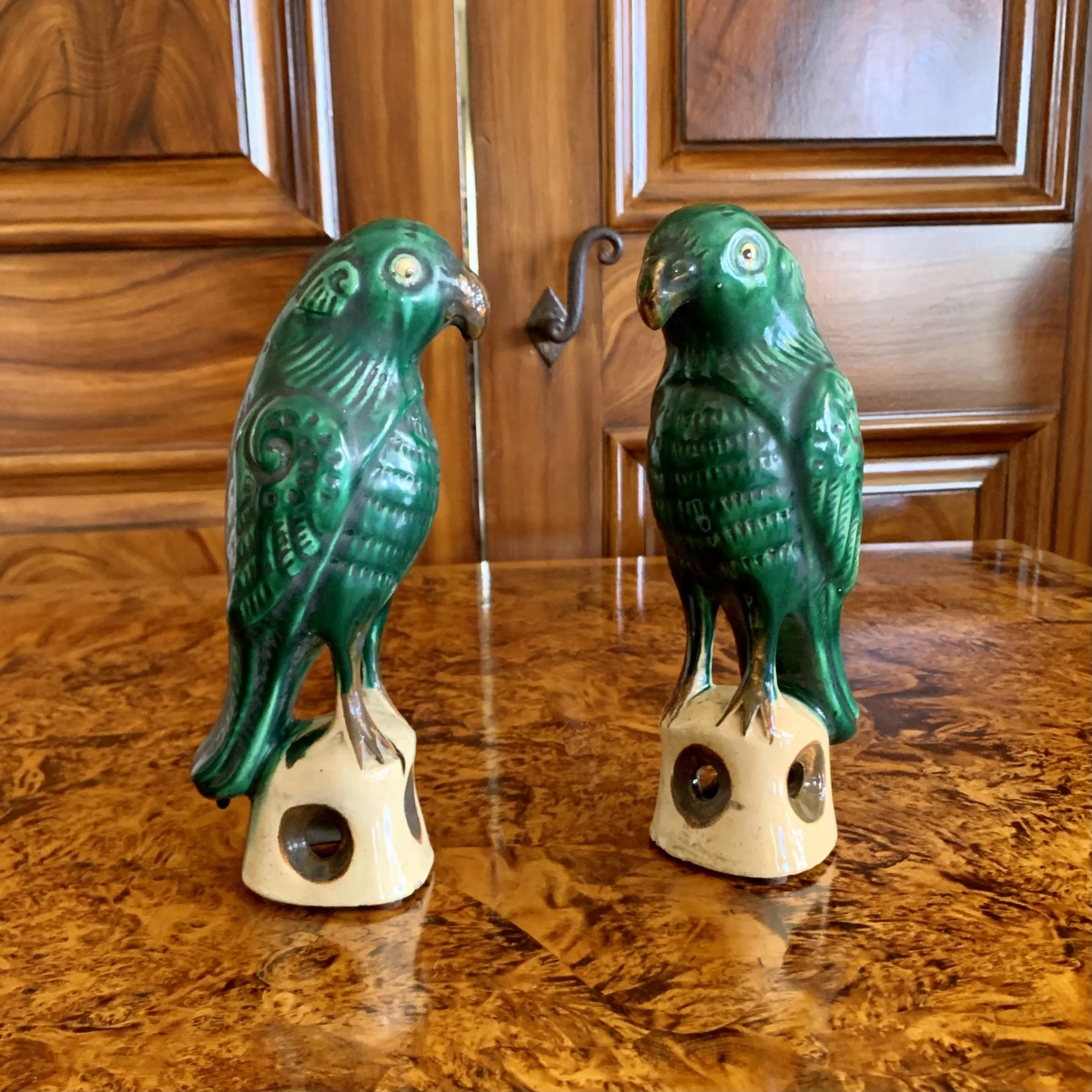 Pair  Antique Sancai Glazed Chinese Export Parrots