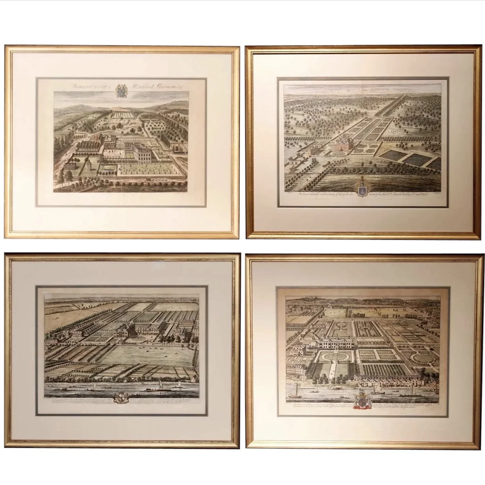 Set of Four Bird’s Eye English Estate Views Engraved by Johannes Kip