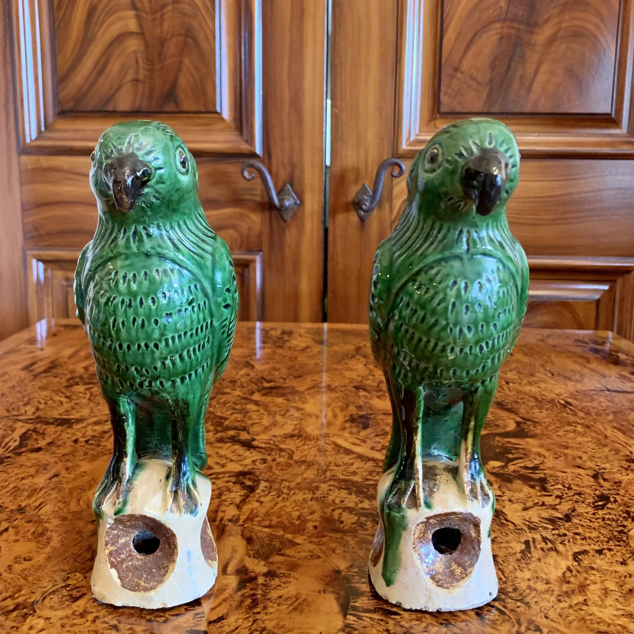 Pair of Antique Sancai Glazed Chinese Export Parrots