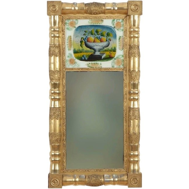 American Sheraton Gilt Mirror with Reverse Painted Glass