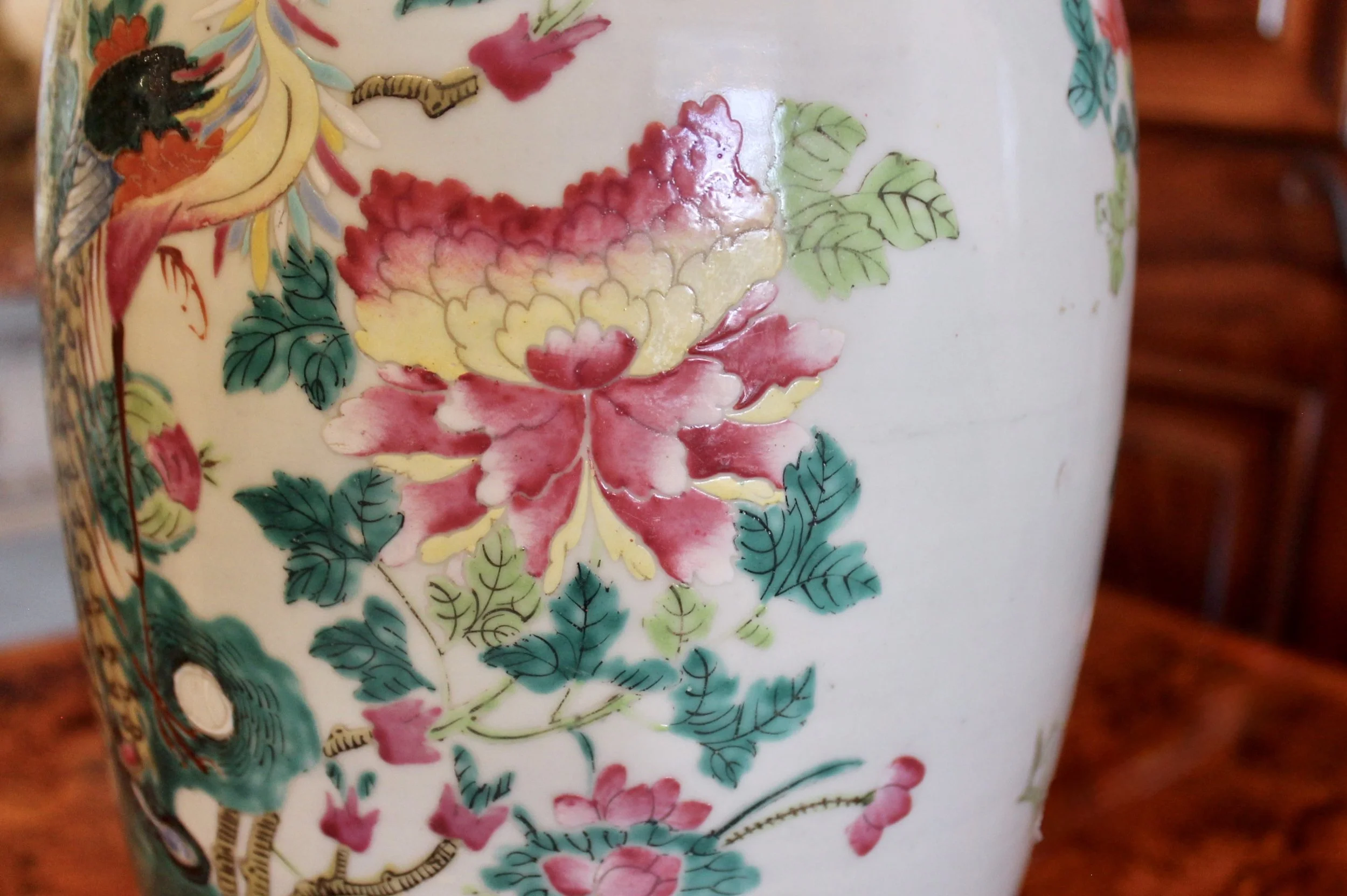 Famille Rose Chinese Porcelain Lamp with Peacocks
