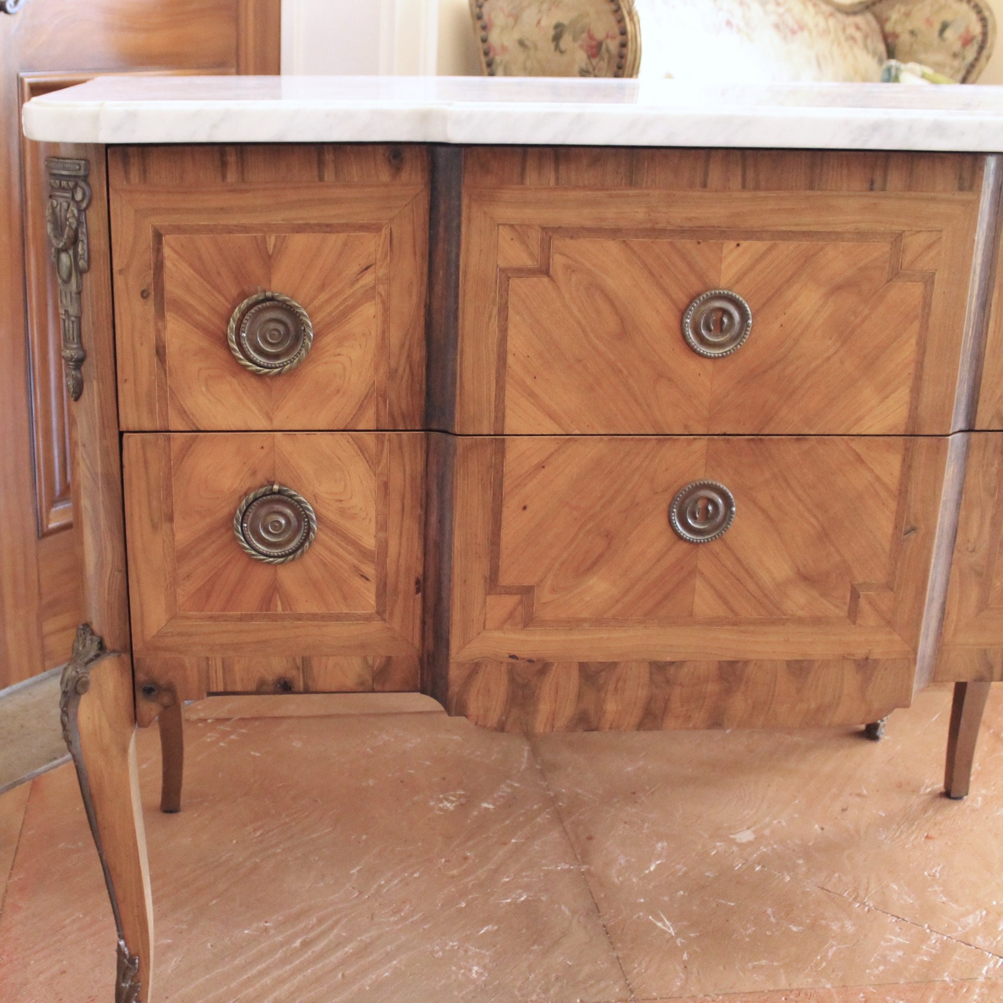 French Transitional Marquetry Commode With Marble Top