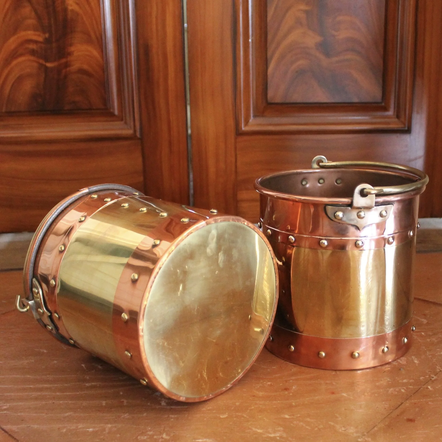 Pair of Small Copper and Brass Studded Buckets