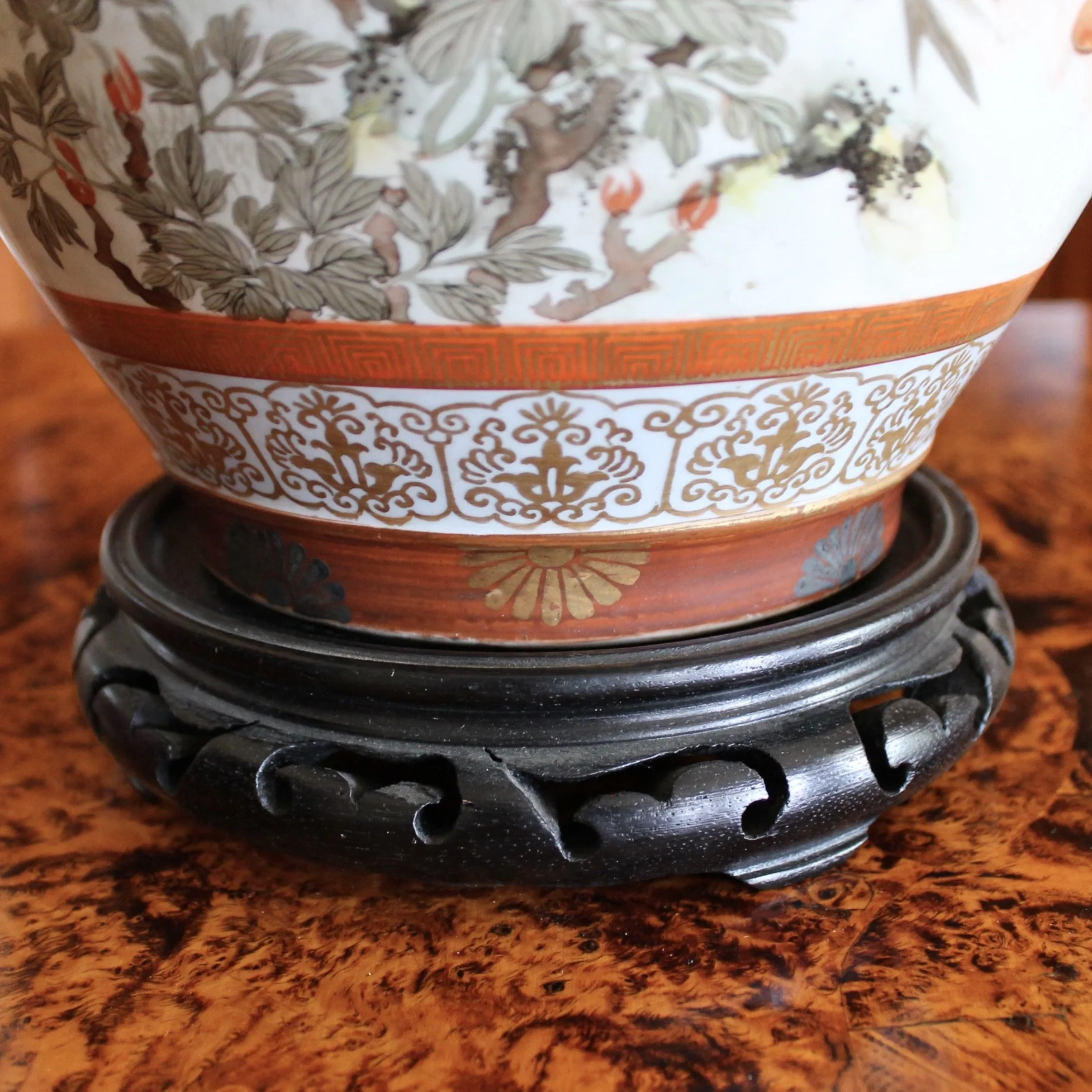 Antique Japanese Kutani Orange and Gilt Lamp