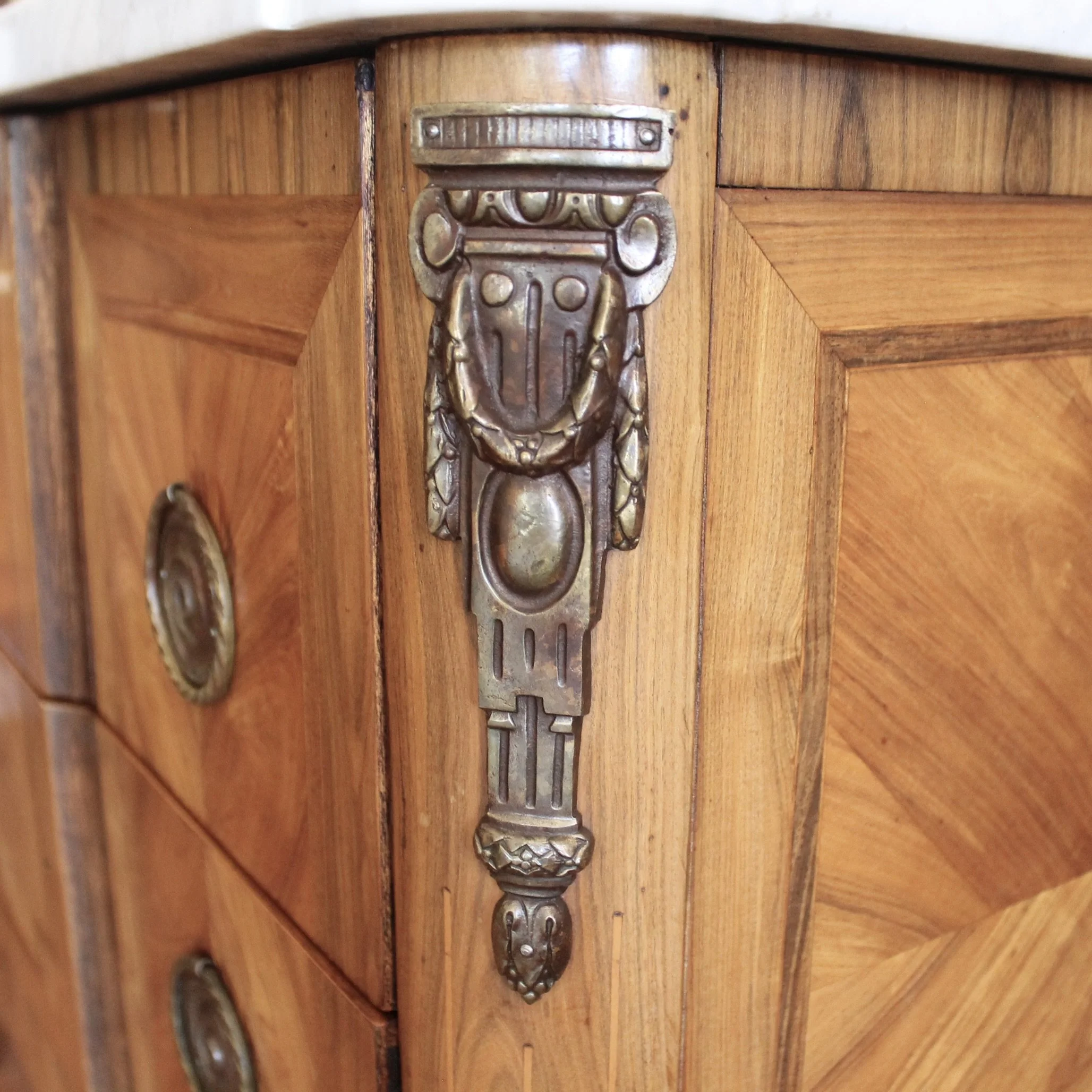 French Transitional Marquetry Commode With Marble Top