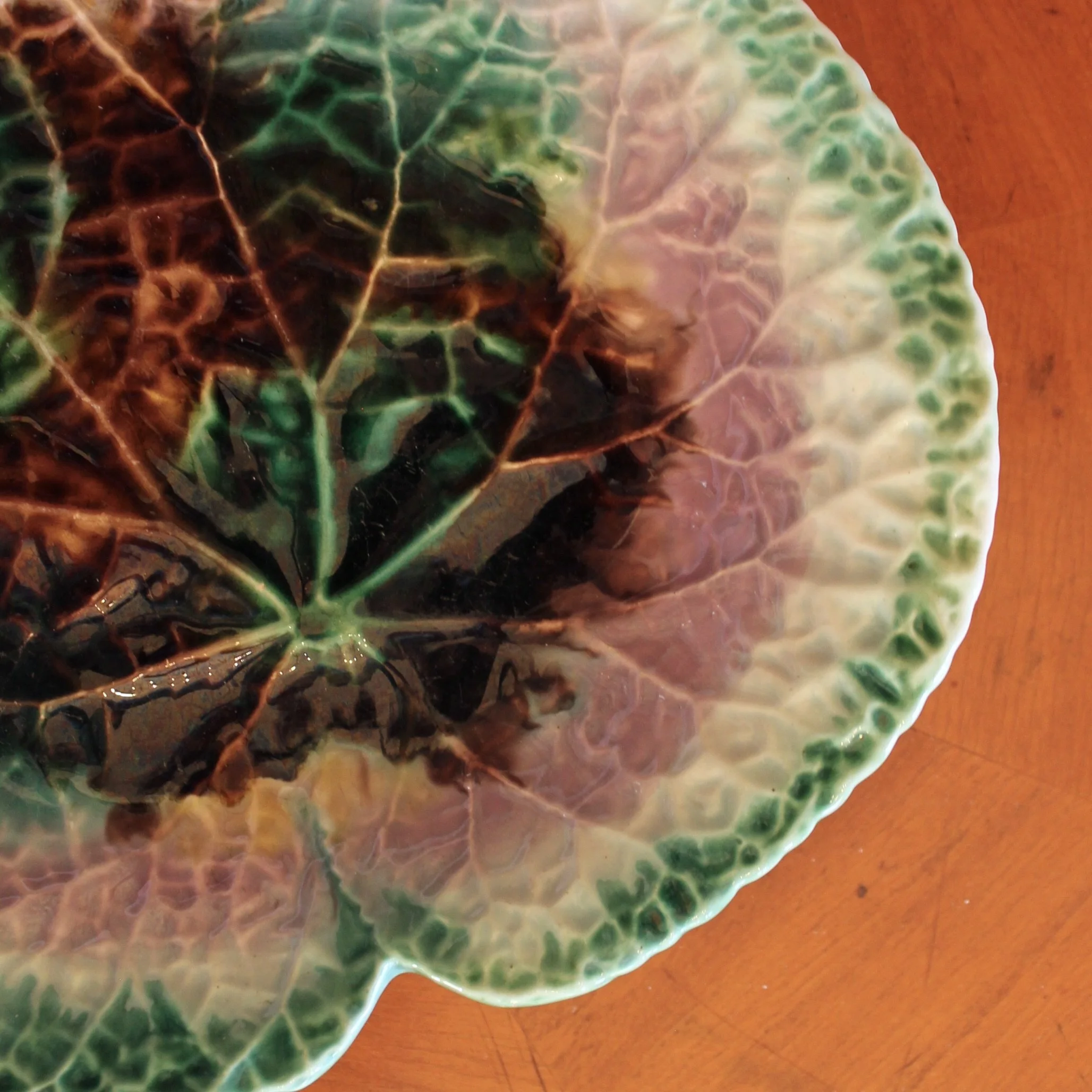 Large Antique Begonia Leaf Majolica Dish