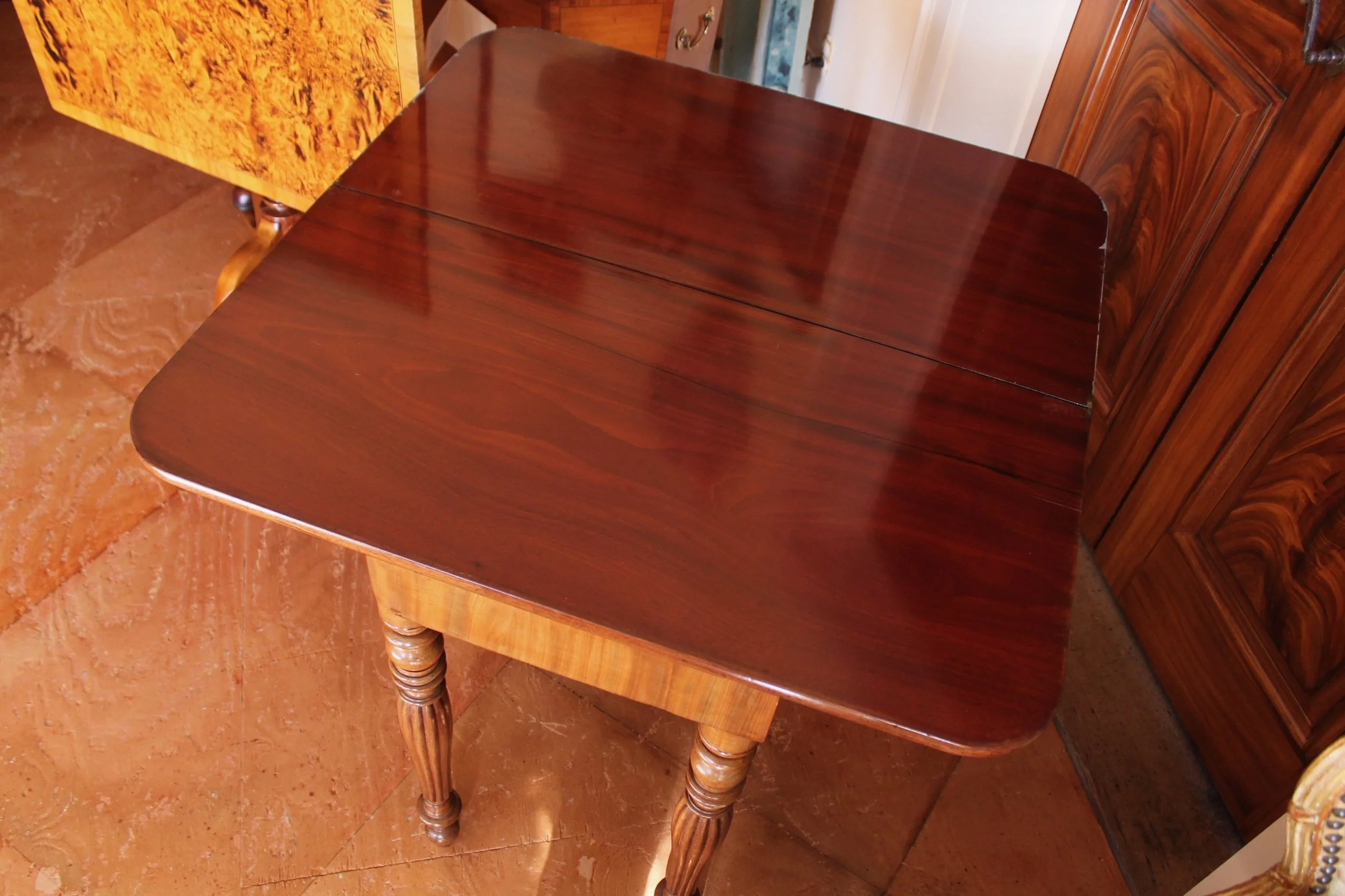 French-Faux-Marble-Top-Painted-Mahogany-Console-Table-Game-Table-open