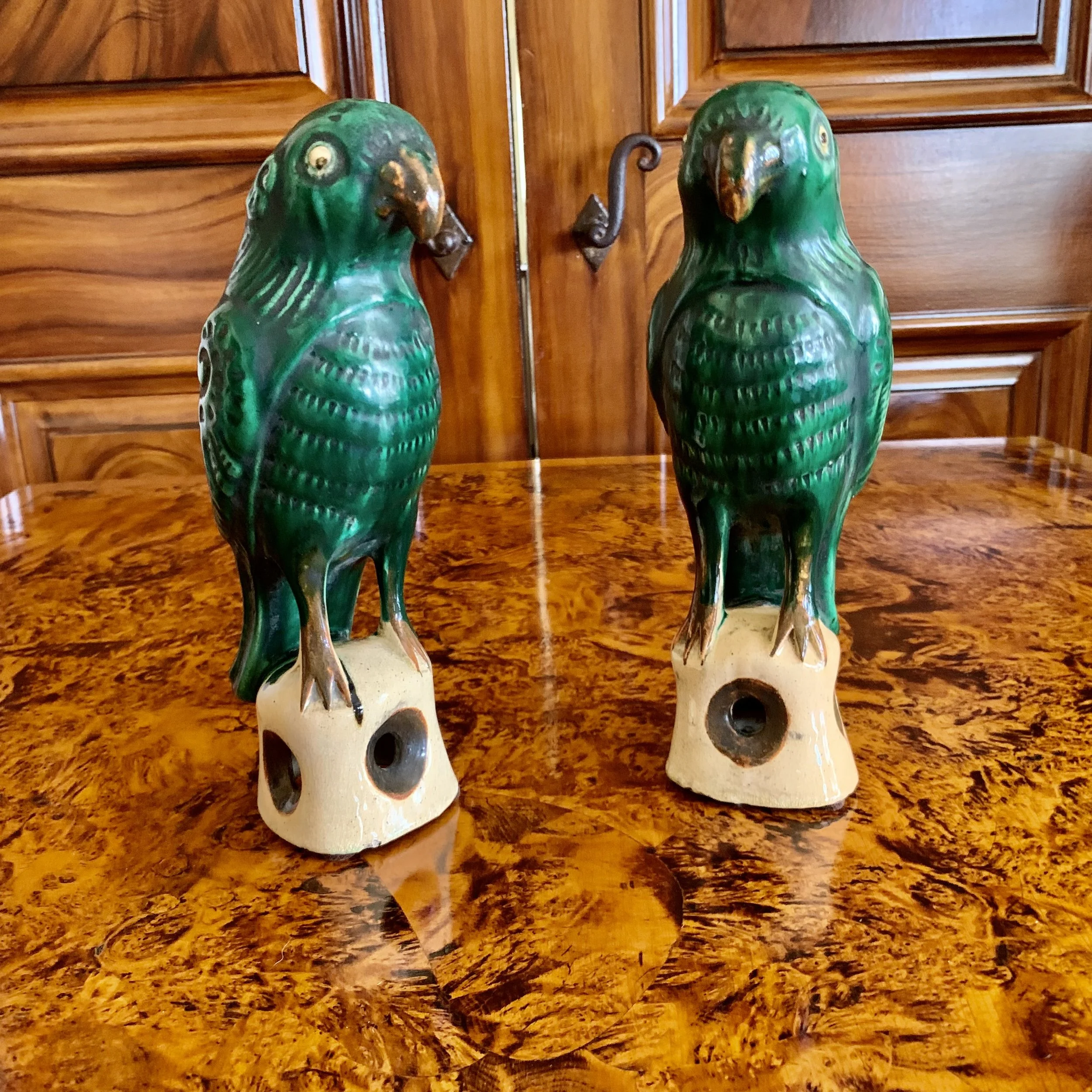 Pair of Antique Sancai Glazed Chinese Export Parrots