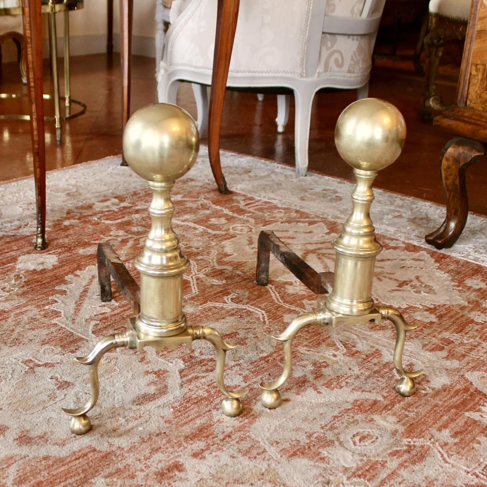 Pair of Antique American Cannon Ball Top Brass Andirons