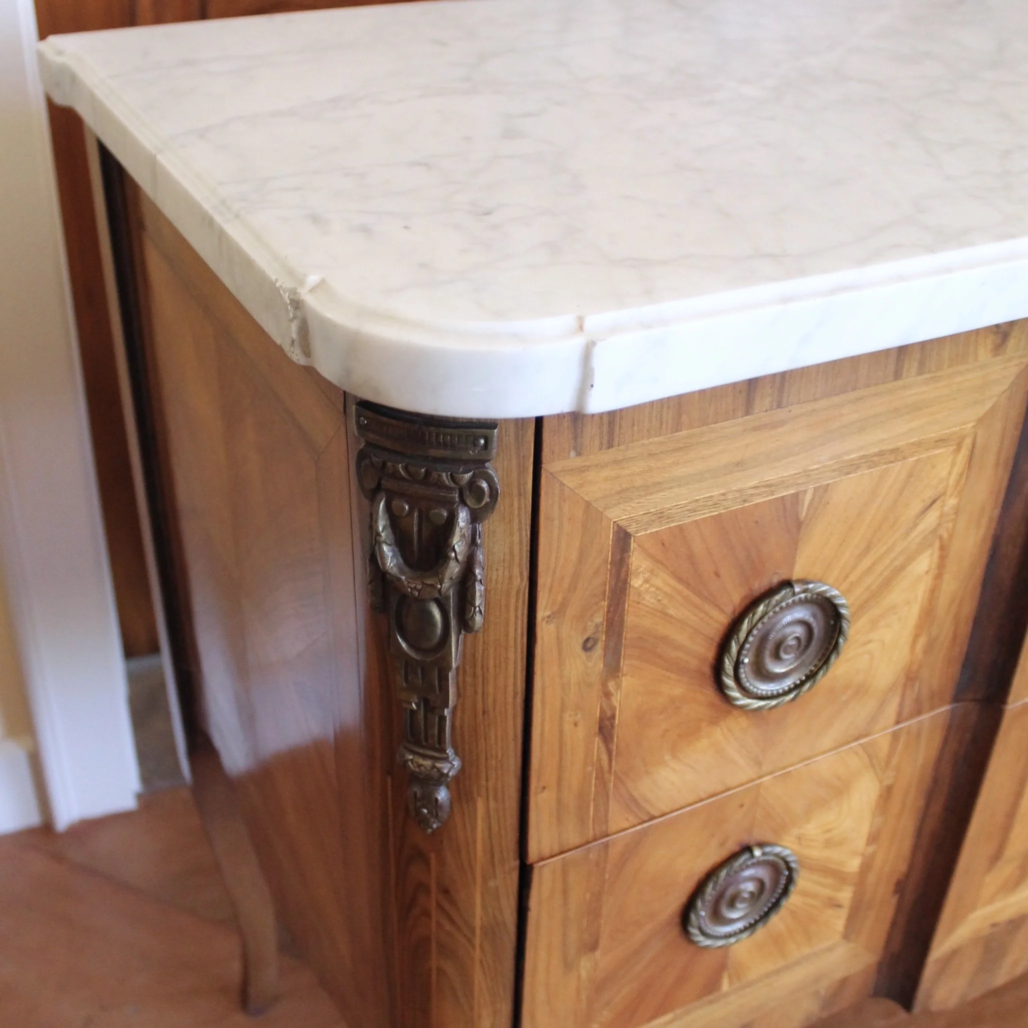 French Transitional Marquetry Commode With Marble Top