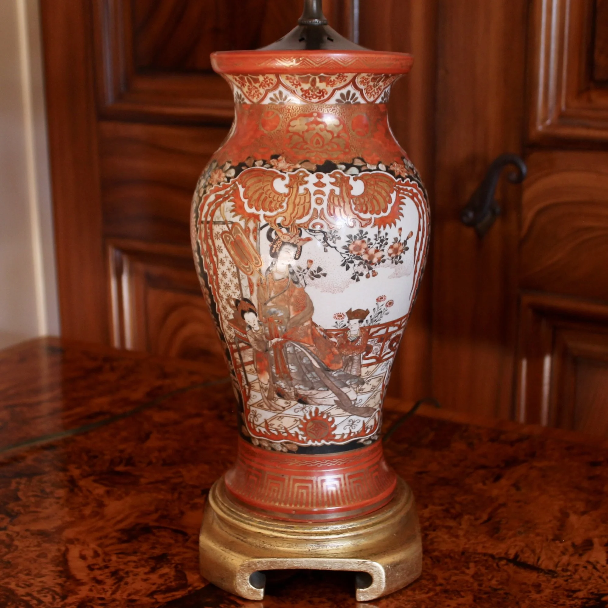 Pair Antique Japanese Kutani Porcelain Vase Lamps