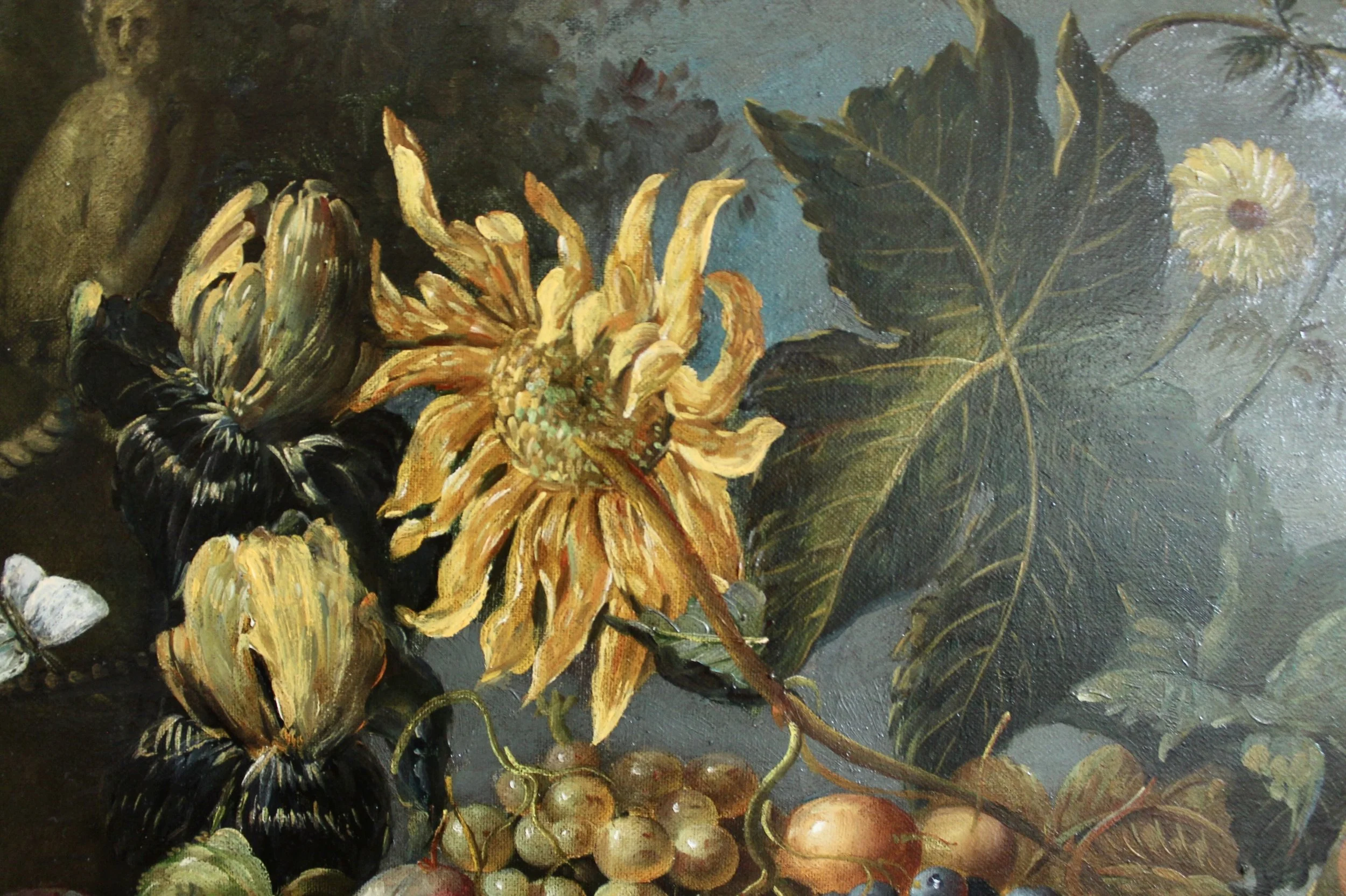 Still Life Oil on Canvas Painting: Flowers and Fruit