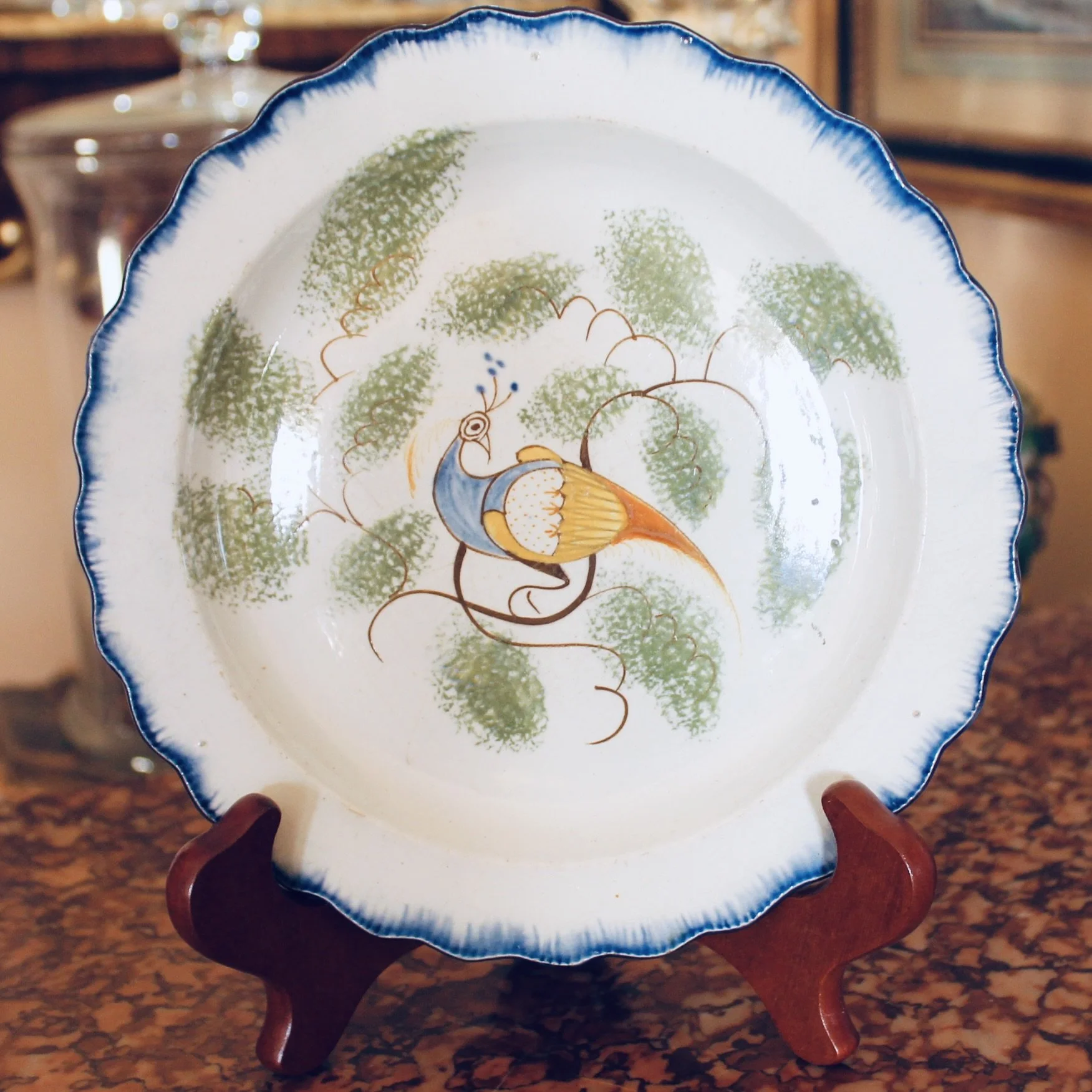 English Delftware Peacock and Spongeware Plate