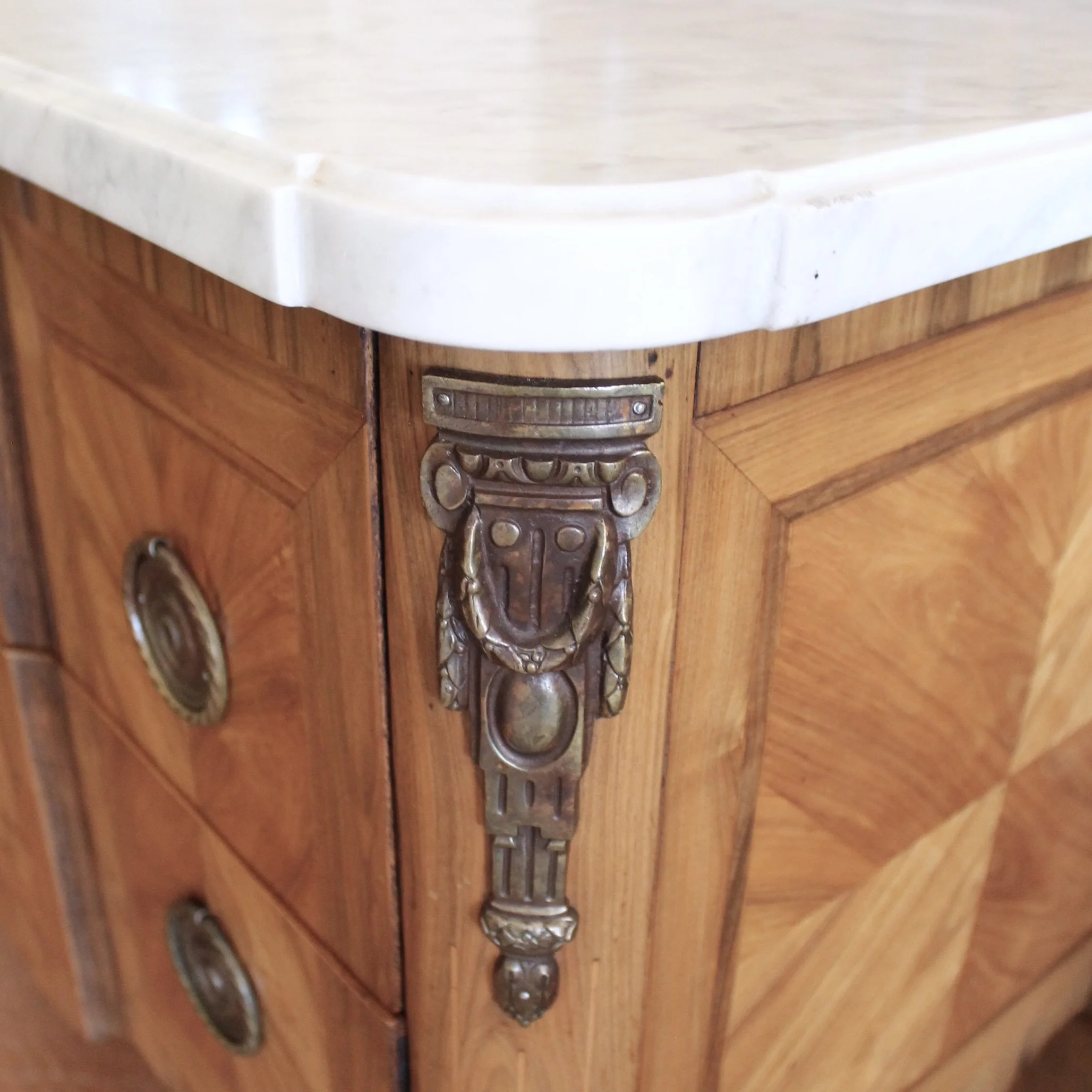 French Transitional Marquetry Commode With Marble Top