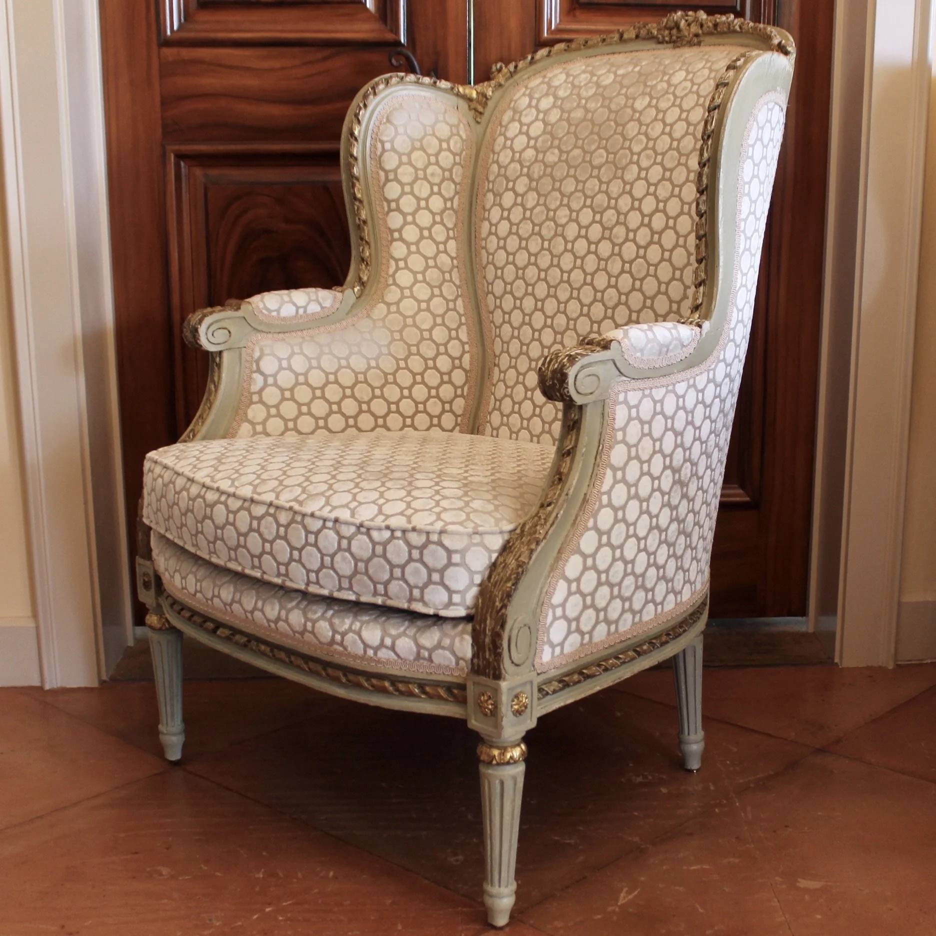 Large French  Painted Gilt Bergère Armchair