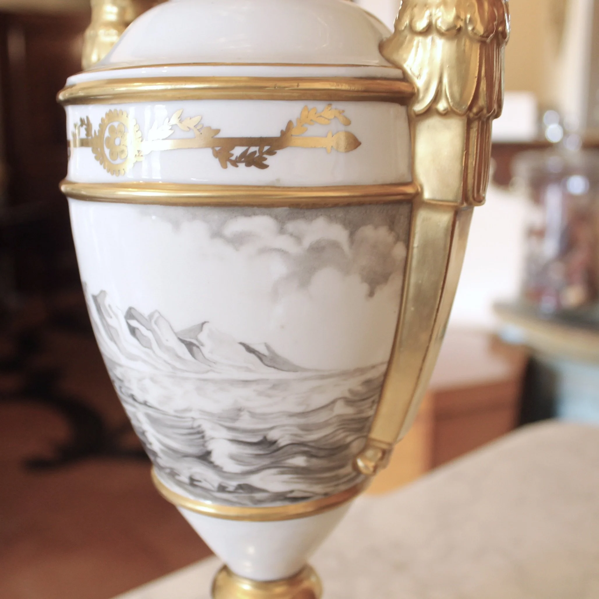 Fine Paris Porcelain Gilt and Grisaille Caryatid Lamp