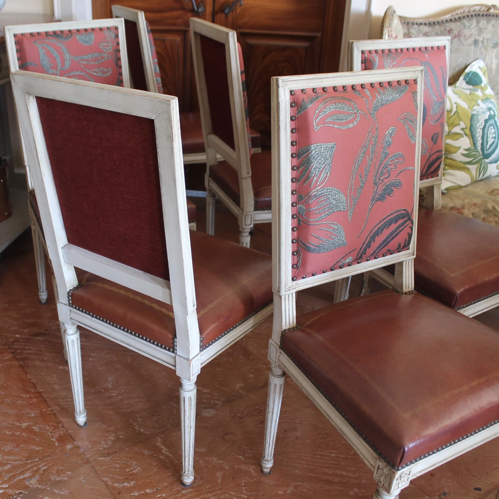 Set of Six French Painted Dining Chairs, Louis XVI Style