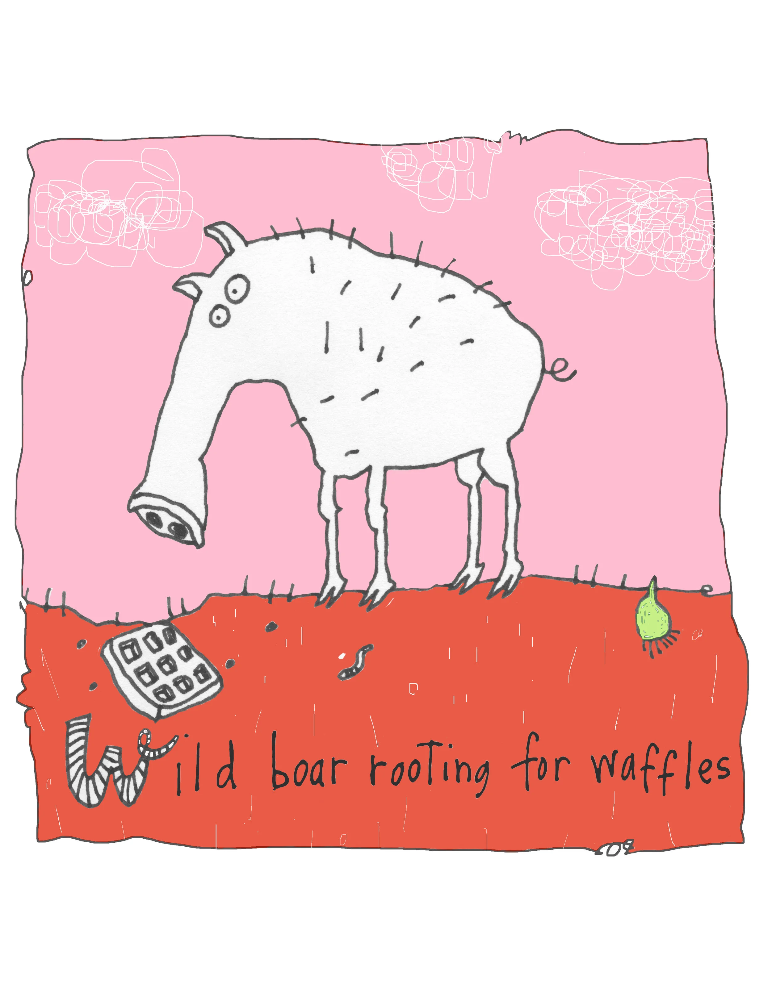 Wild boar rooting for waffles