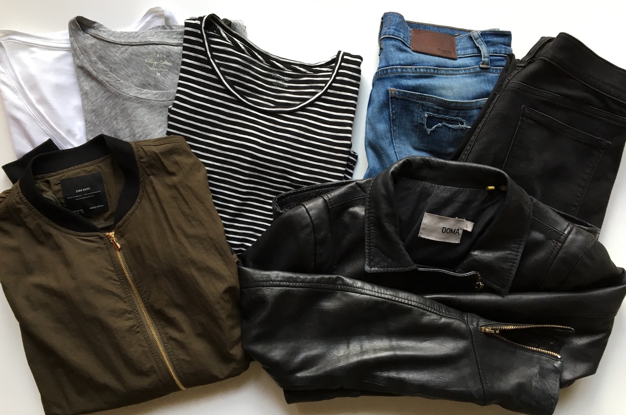 J. Crew Vintage Tees ( White and Gray ) | Madewell Striped Tee ( similar ) | Madewell Patch Jeans ( similar ) | J. Crew Factory Deconstructed Jean | Zara Bomber Jacket ( similar ) | Doma Leather Jacket