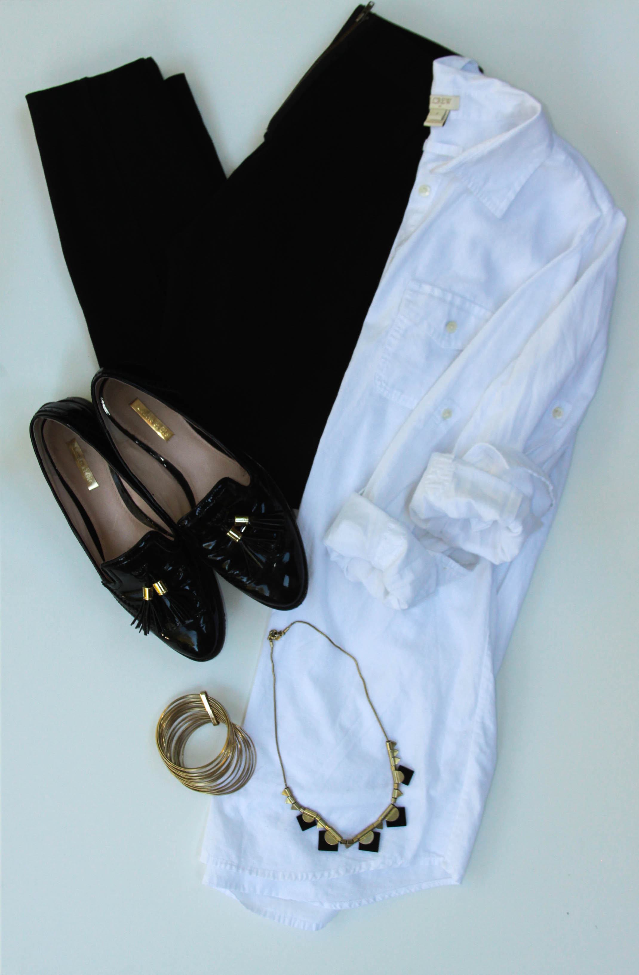 J. Crew Pixie Pant | J. Crew Factory Tunic | Patent Leather Loafers ( Similar ) | Madewell Necklace ( Similar ) | Gold Bracelet ( Similar ) 