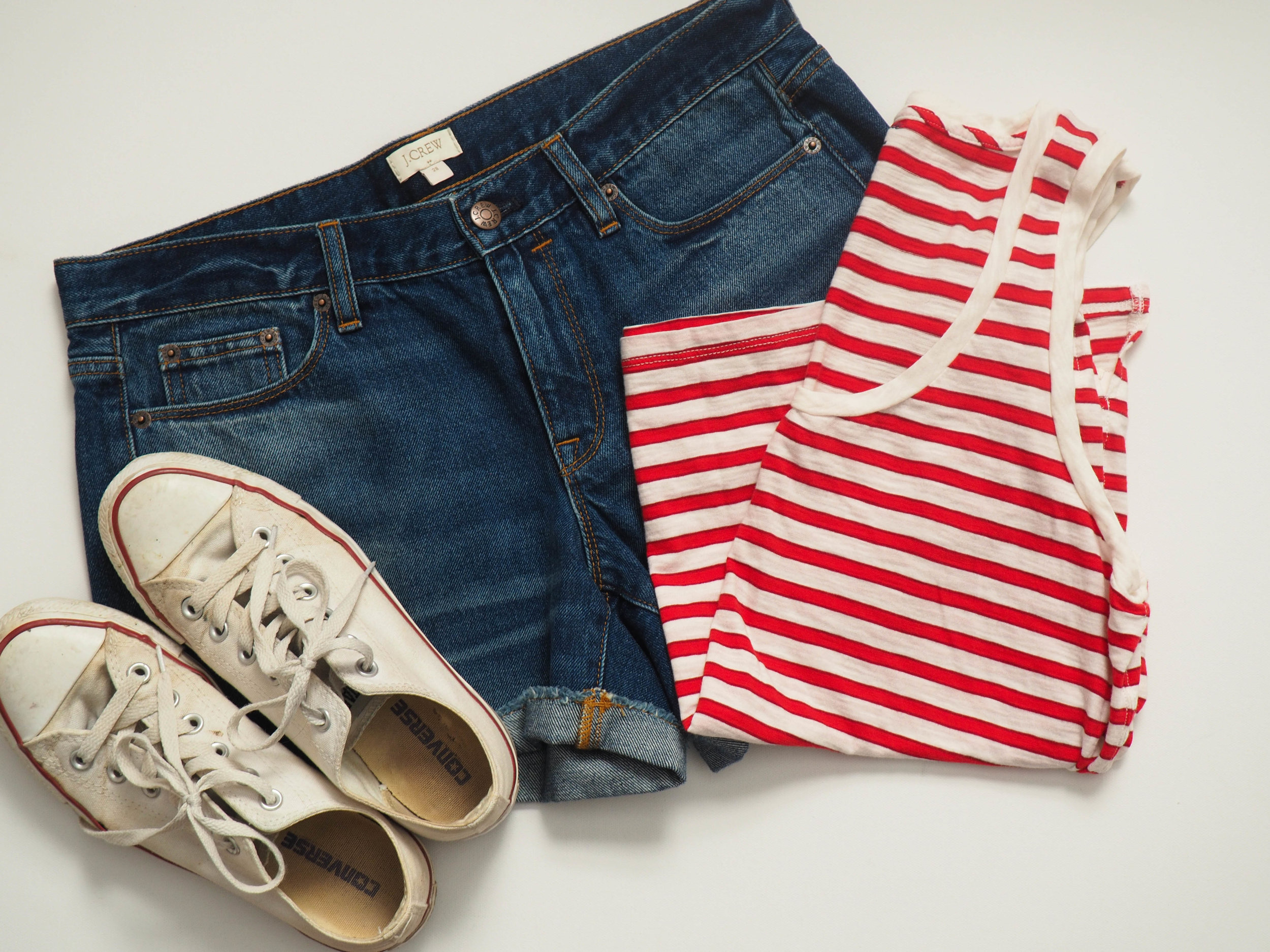 Madewell Striped Tank ( similar ) | J. Crew Factory Denim Short | Converse Chuck Taylors