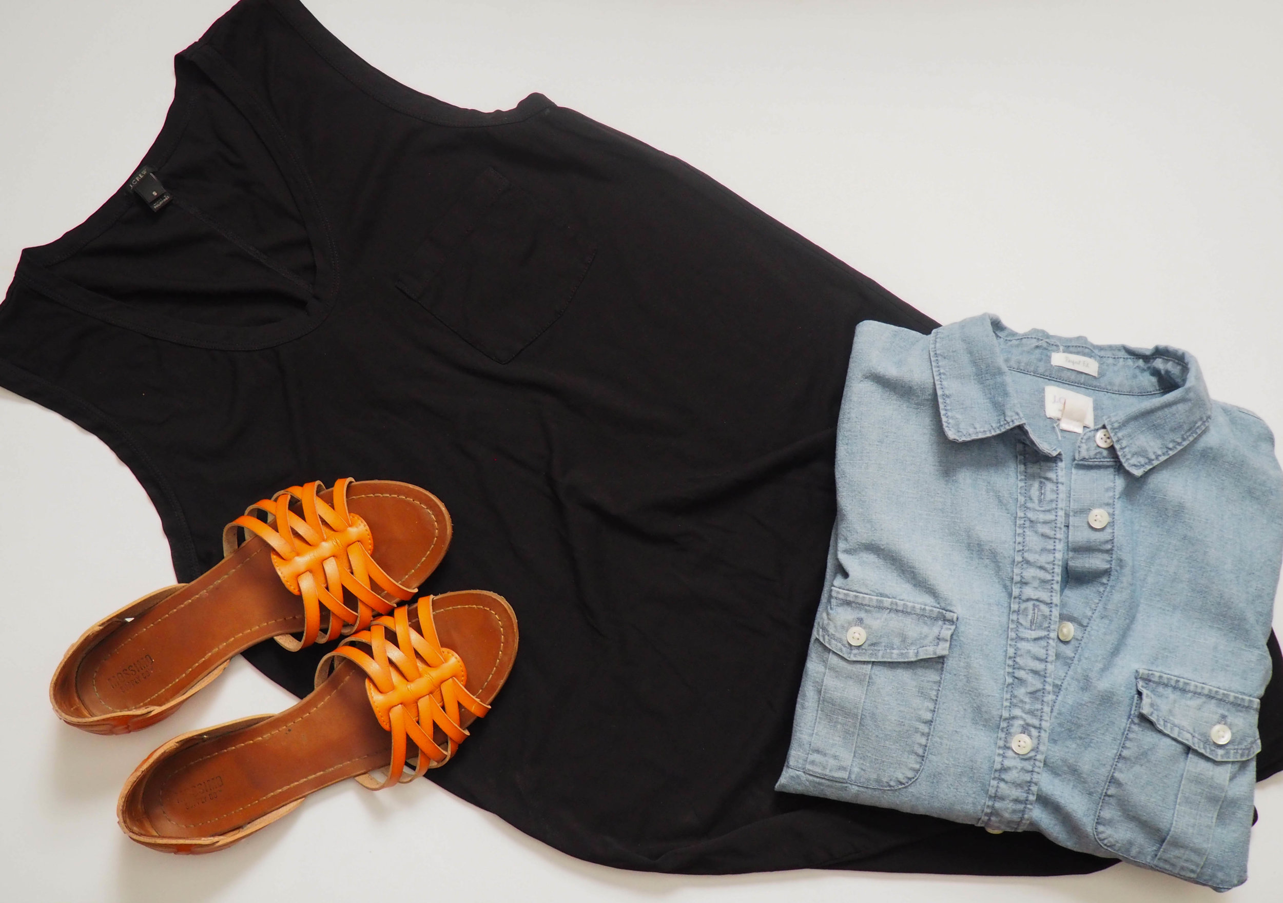 J. Crew Factory Chambray Shirt | Black Tank Dress ( similar ) | Target Gena Flats