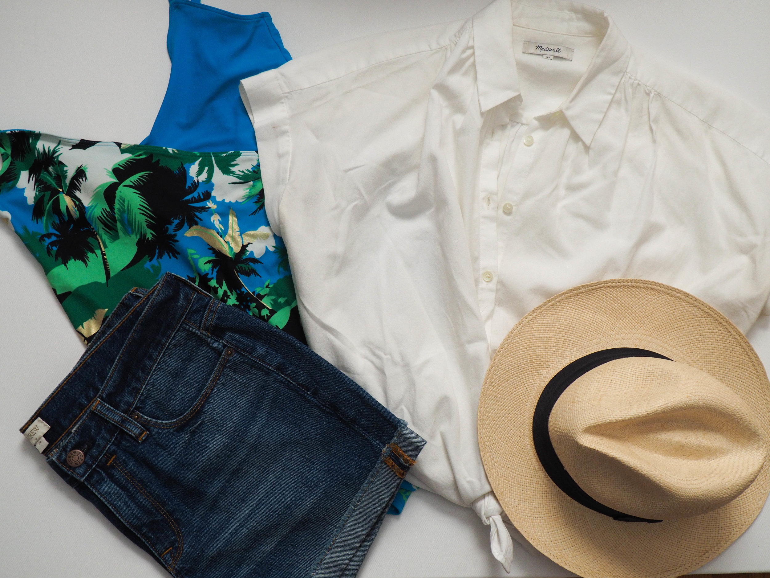 Aerie One Piece ( similar ) | Madewell Central Shirt | J. Crew Factory Denim Shorts | J. Crew Panama Hat