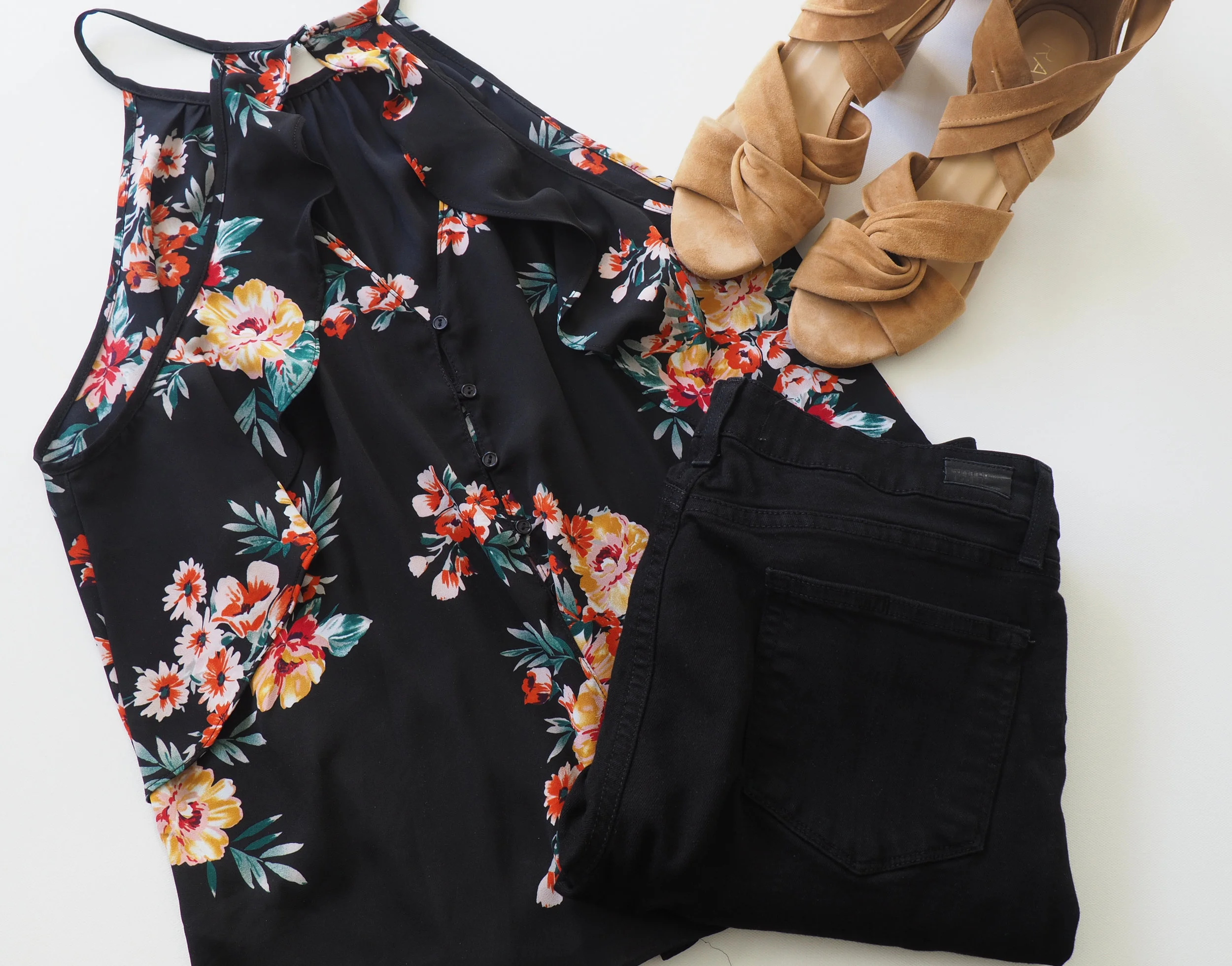 Floral Cami (Similar) | Black Jeans | Sandals (Same style, different color)