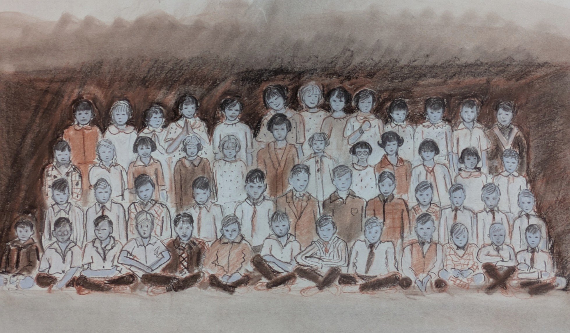 Study of class photo, sepia pastel