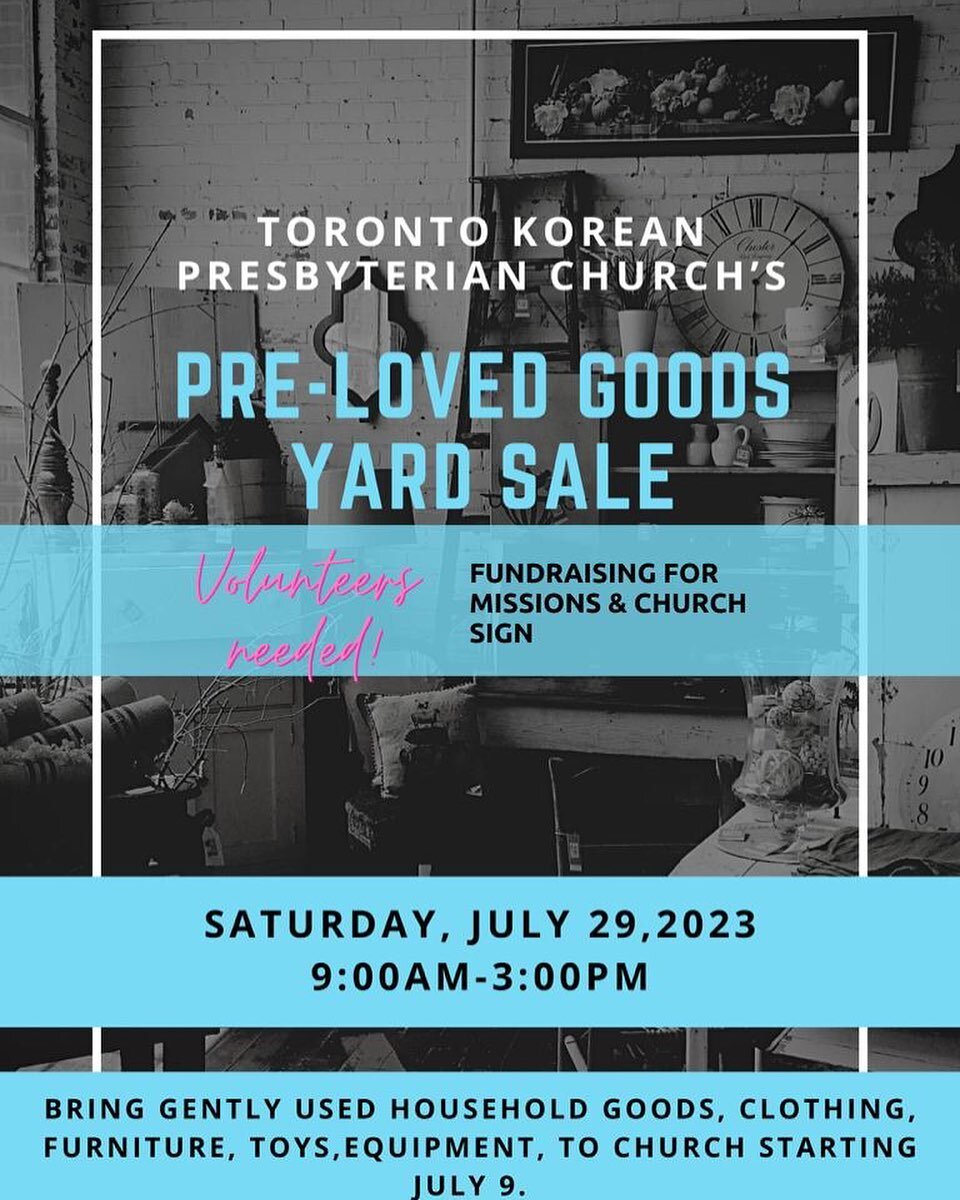 Join us on July 29 for our Pre-Loved Yard Sale!

Come and peruse preloved clothing - children&rsquo;s items - household goods - furniture - and more while enjoying fellowship and yummy food!

There will be a BBQ hot dog and drink for $5! 

All procee