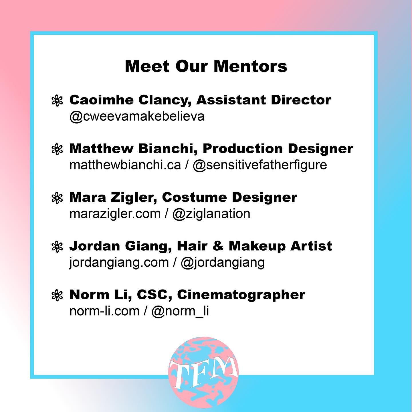 We are proud to present our fabulous group of mentors. 👯👯 Their websites and socials can be found here, and their bios will be up shortly on the TFM webpage. 
For now, feel free to openly stalk their work and get excited about the possibility of wo