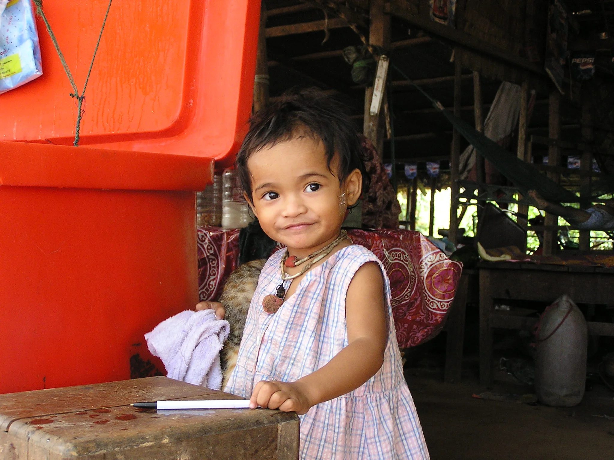 image: north Vietnam, 2006. Mischievous little girl, excitedly grabbed her cat and squeezed her to no end. I was worried for the cat and distracted her to play with something else.