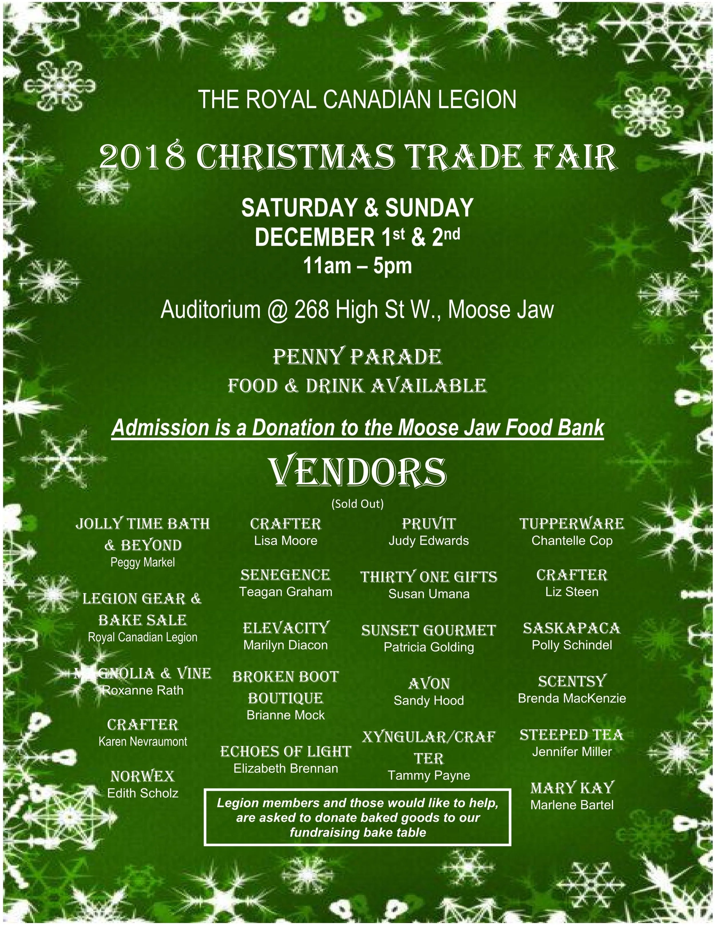 We have a full house as all tables are sold out. Legion members and those would like to help, are asked to donate baked goods to our fundraising bake table.