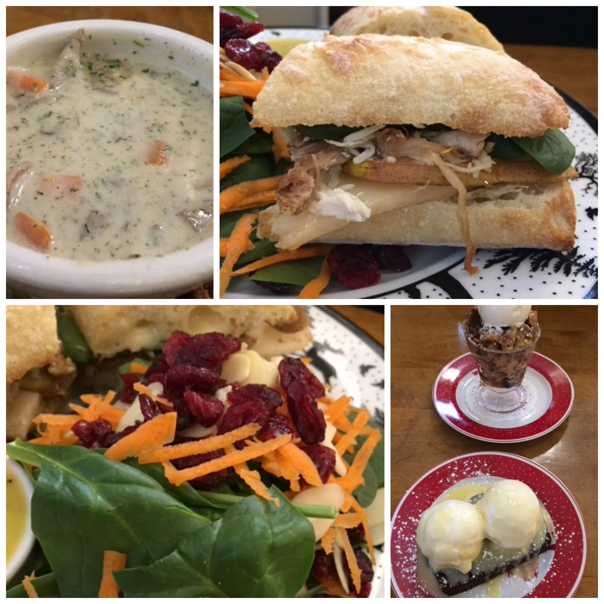 Cream of Mushroom Potato Dill Chowder Turkey, Brie and Pear with Gravelbourg Mustard Ciabatta Grandma’s Bread & Butter Pudding Gingerbread with Lemon Butter Cranberry Almond Spinach Salad