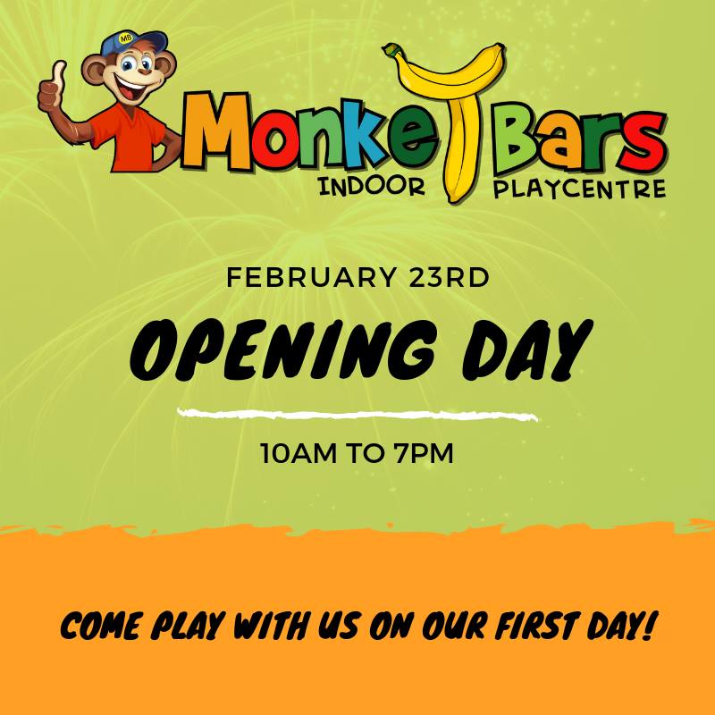 Join us on our first day open, February 23rd 10am to 7pm. Face painting, balloon animals, cafe items and more than enough fun for all the kids. For admission rates, business hours and birthday party information, please go to the website to learn more: http://monkeybarsmj.com *We will be taking birthday party bookings after opening day.